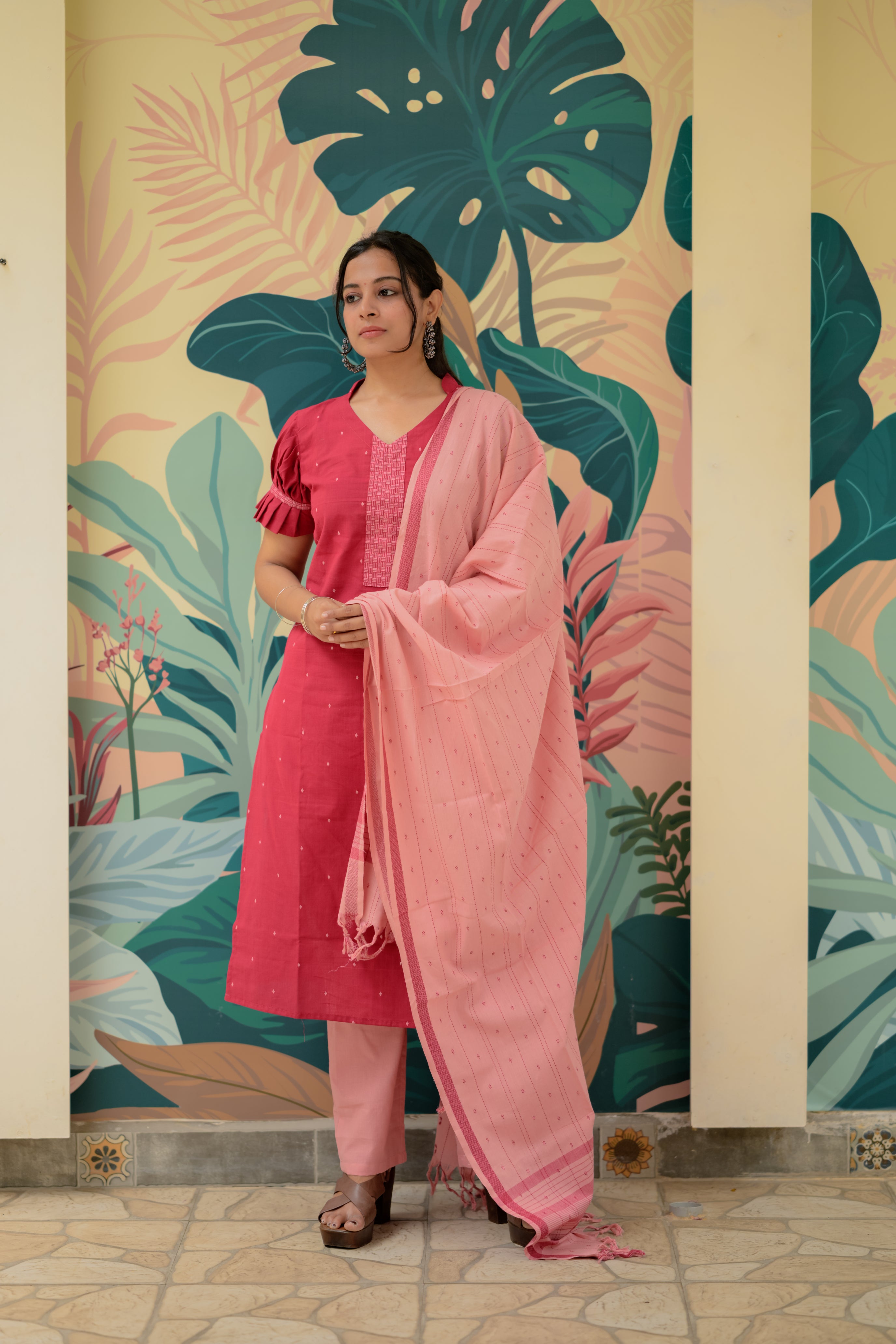 Snigdha (fuschia) - handloom cotton suit set in fuschia