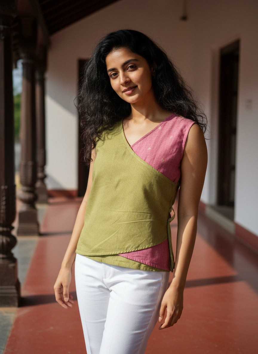 Crop top #22- handloom  organic cotton top in green & pink