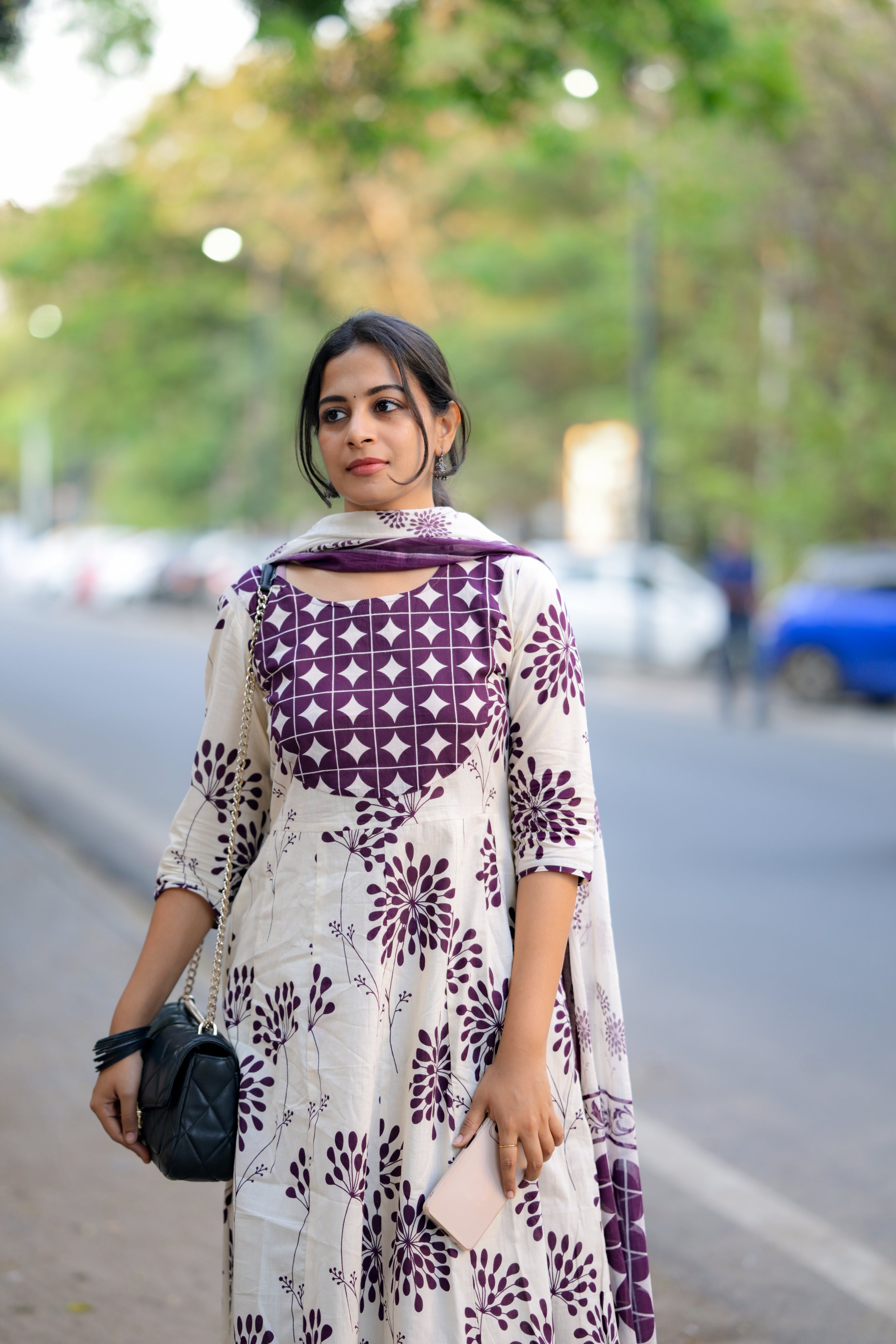 Sunainaa - handblock printed anarkali cotton suit set in white and purple colour