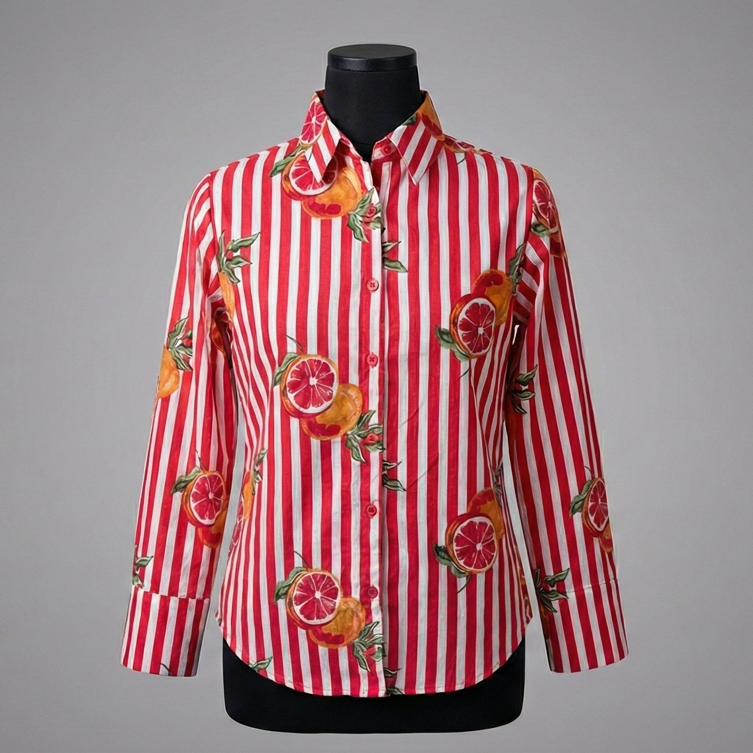 Women's shirt 29- Citrus zest  printed organic cotton shirt in red and white