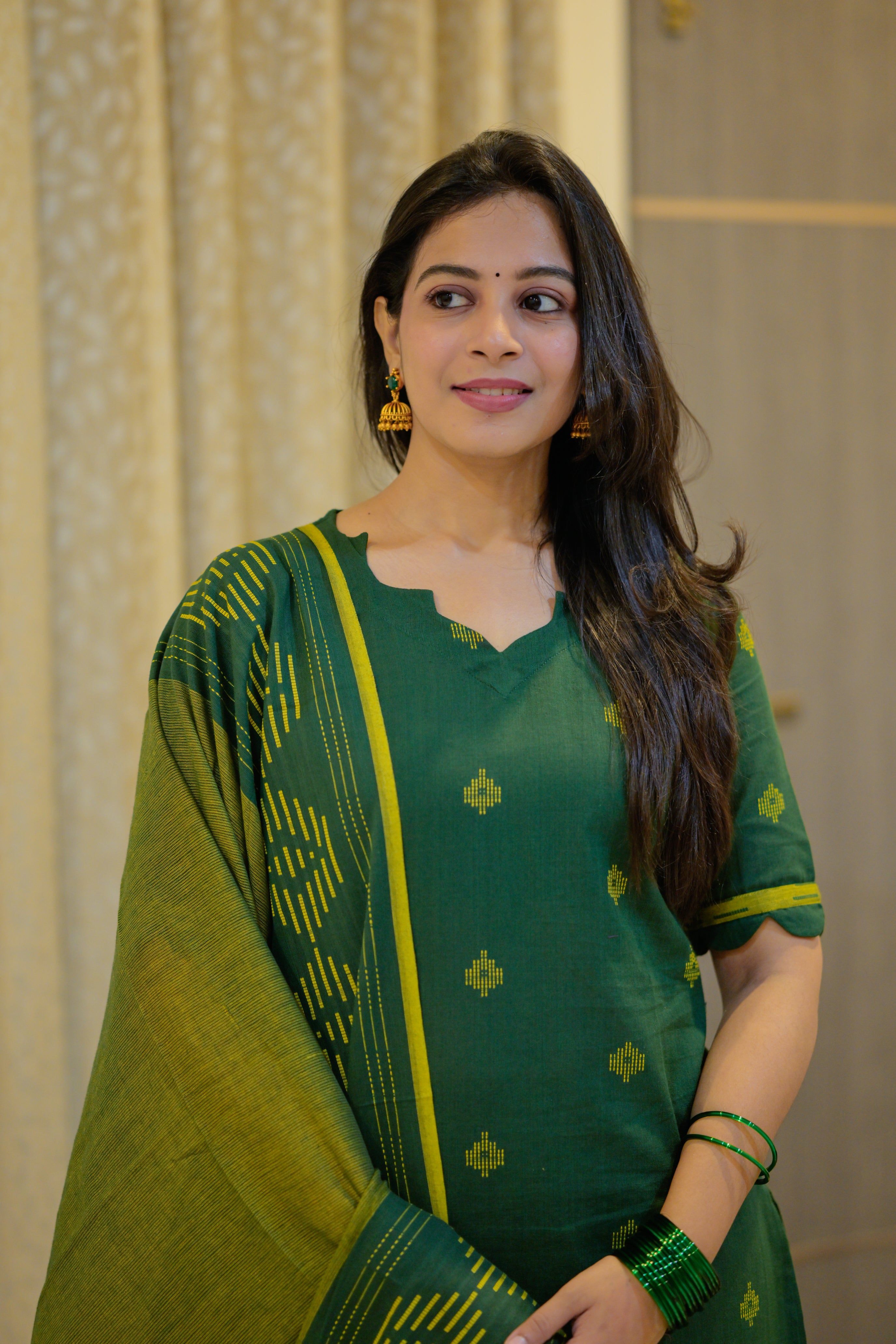 Vasundhra (green) - handloom cotton jamdhani suit set in green
