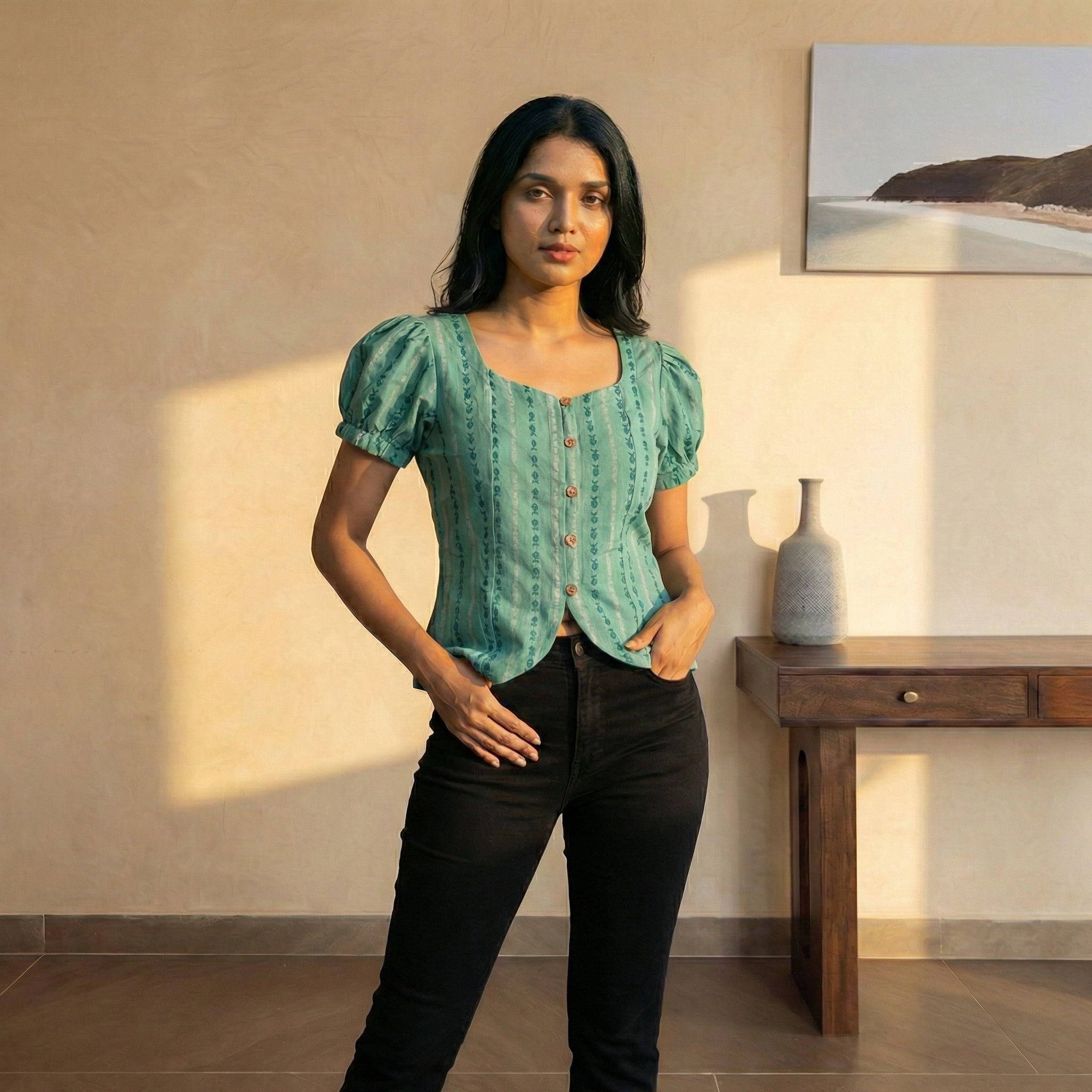 Crop top #71- handloom puff hand organic cotton top  in sea green