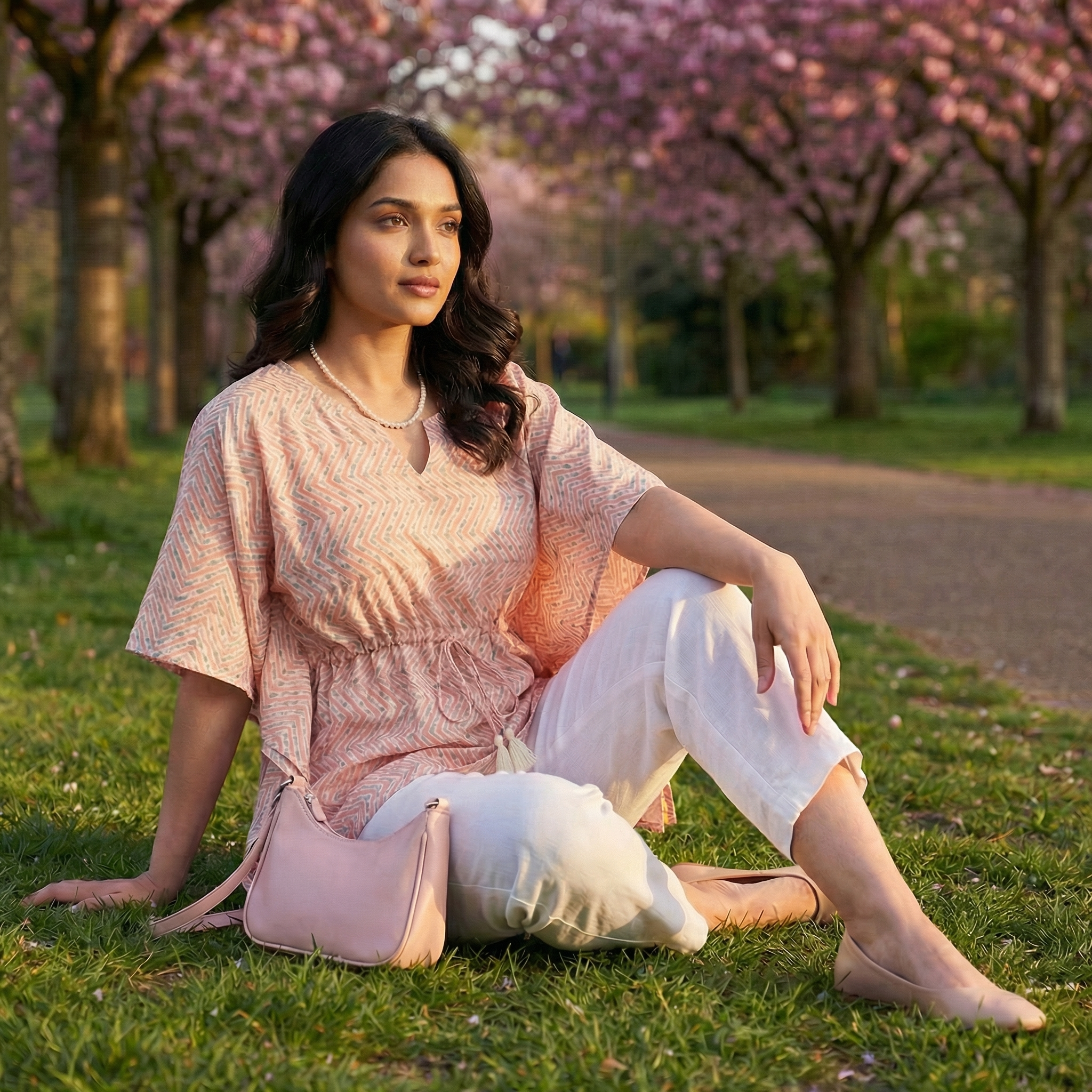 Kaftan Top #28- zigzag printed organic cotton kaftan top in baby pink