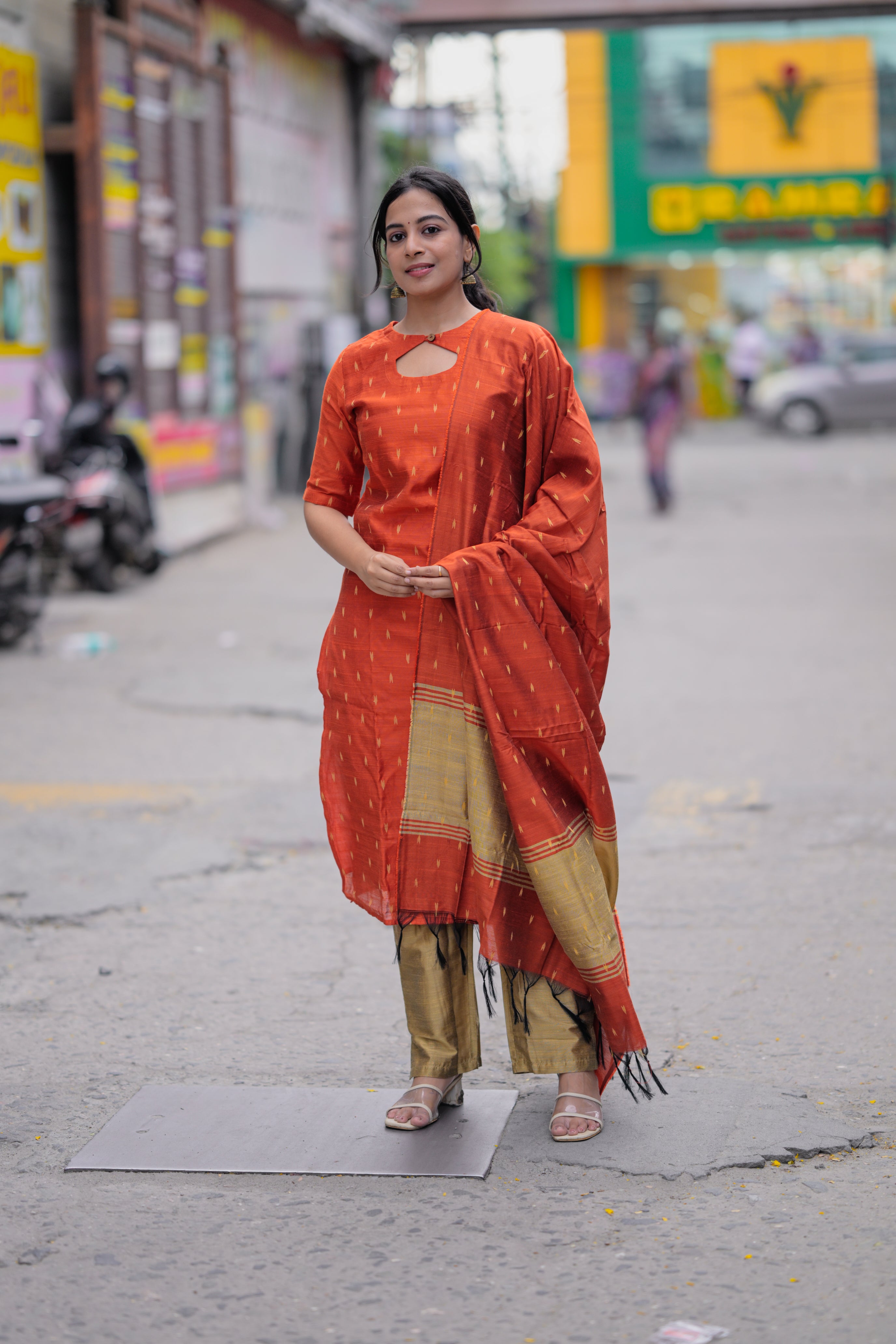 Varahi ( orange ) - slub silk suit set in orange and gold colour combination 