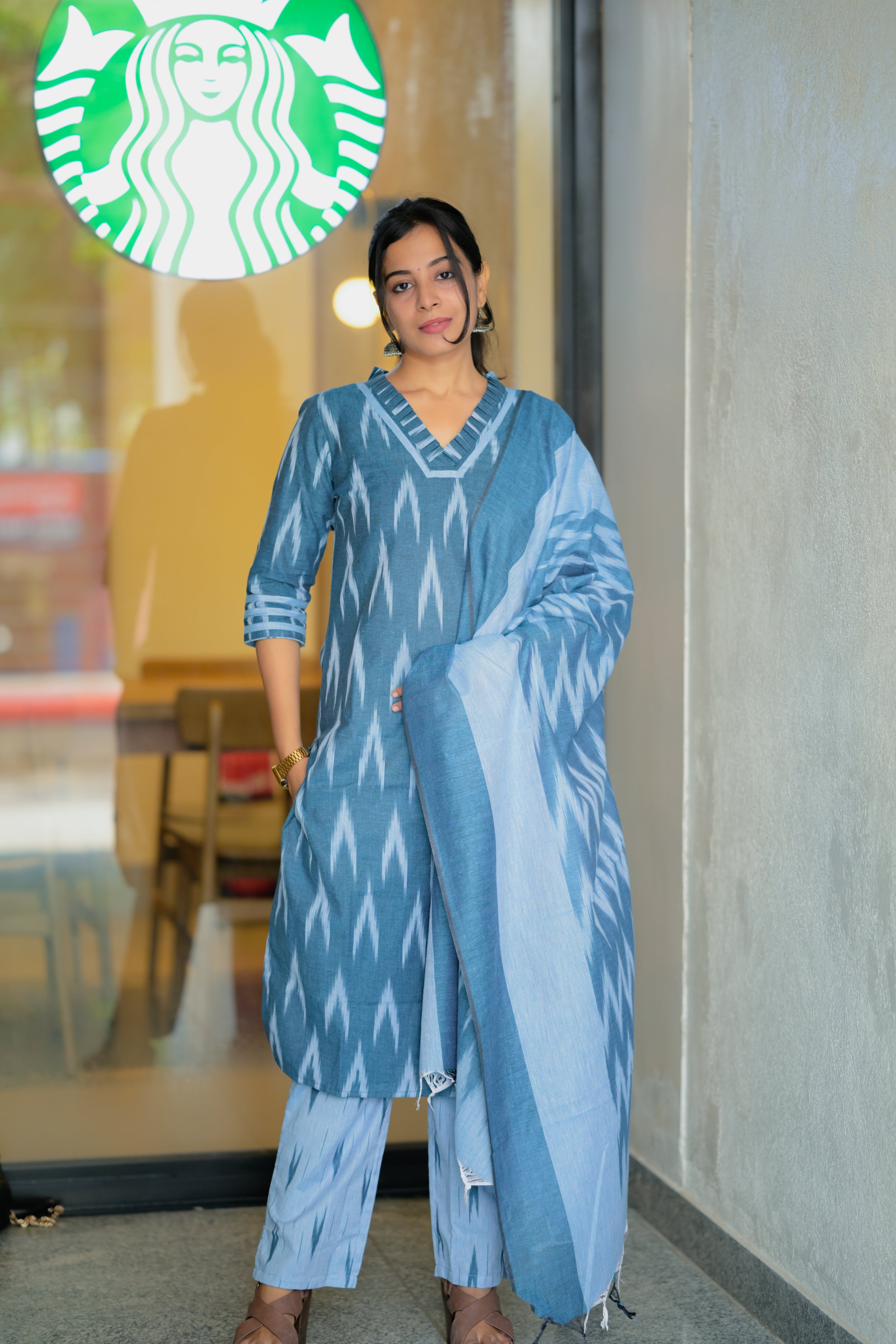Tejasvi (blue) - handloom ikkat cotton suit set in blue