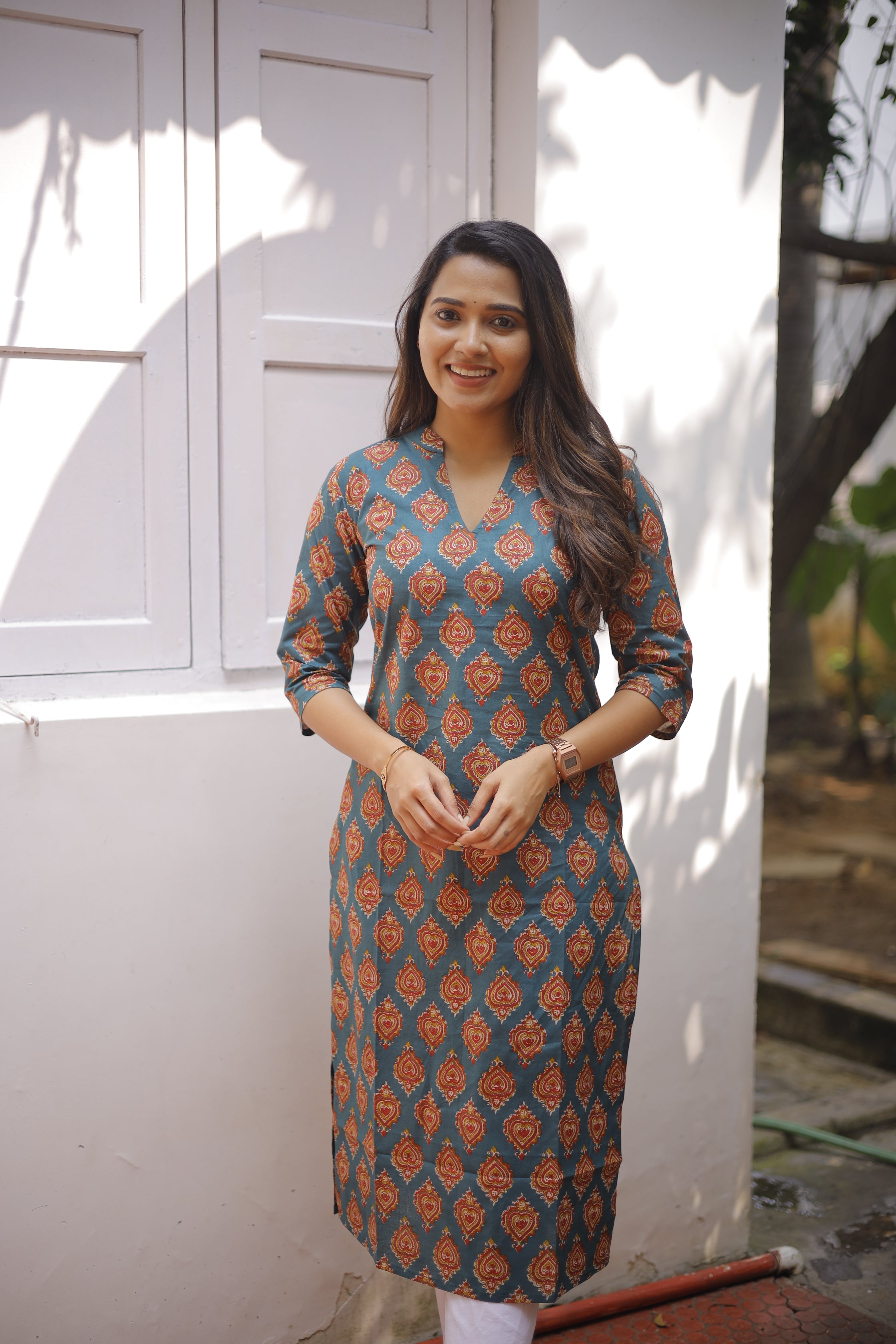 Kurti-114 - leaf motif printed cotton kurti in teal blue and red