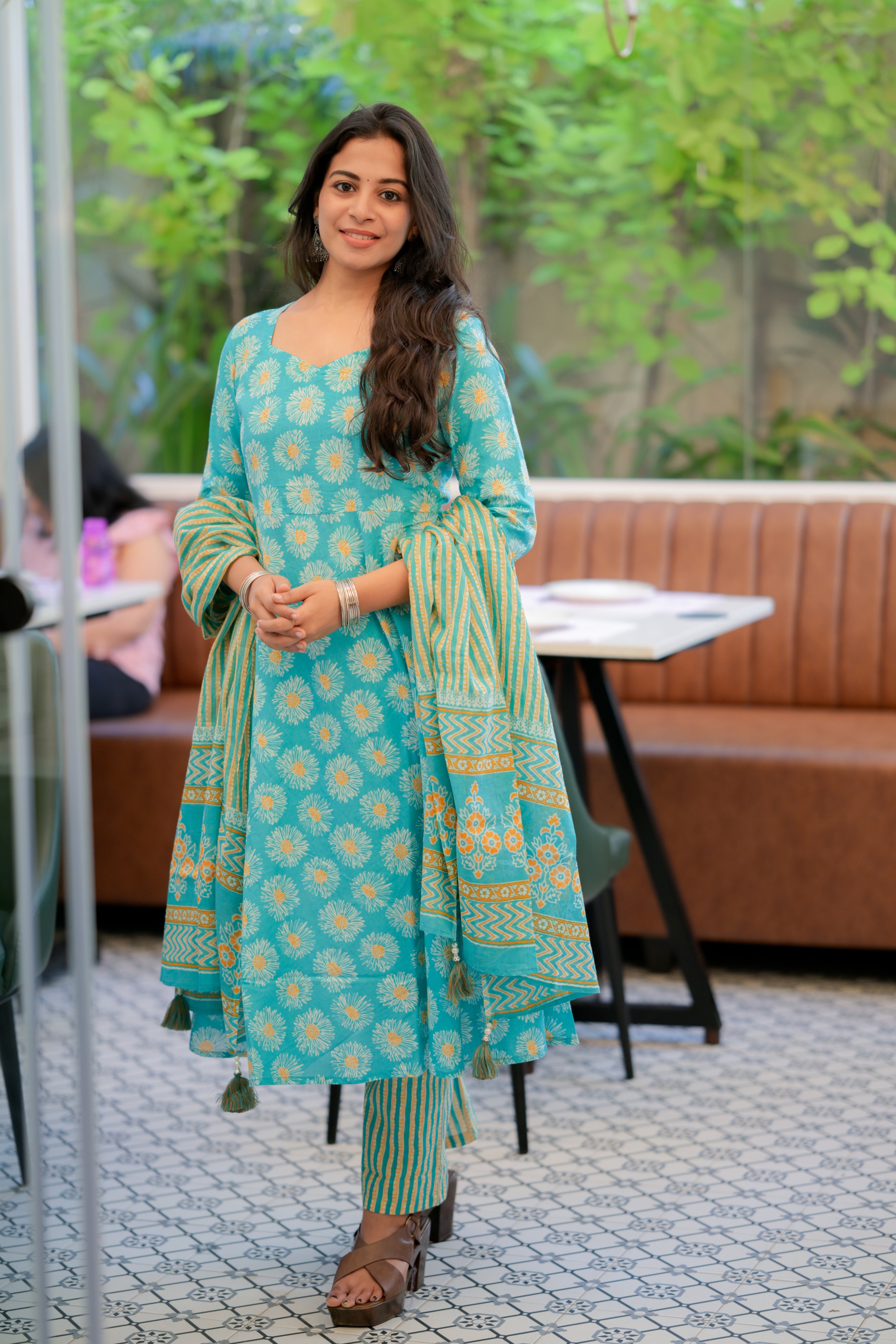 Poorni - handblock printed anarkali cotton suit set in sea blue colour