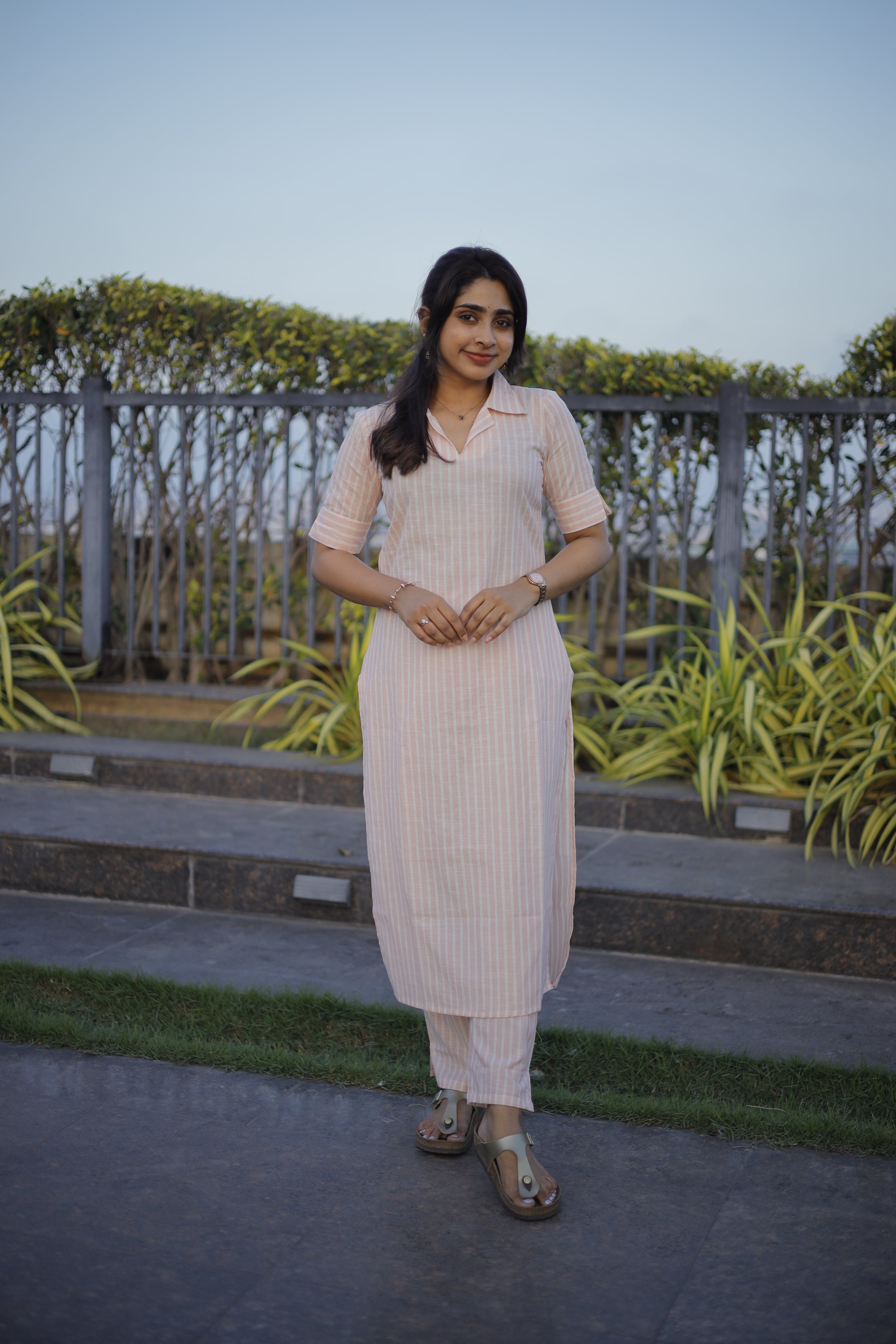 Ahalya ( peach ) - stripes handloom linen cotton kurta set in peach & white