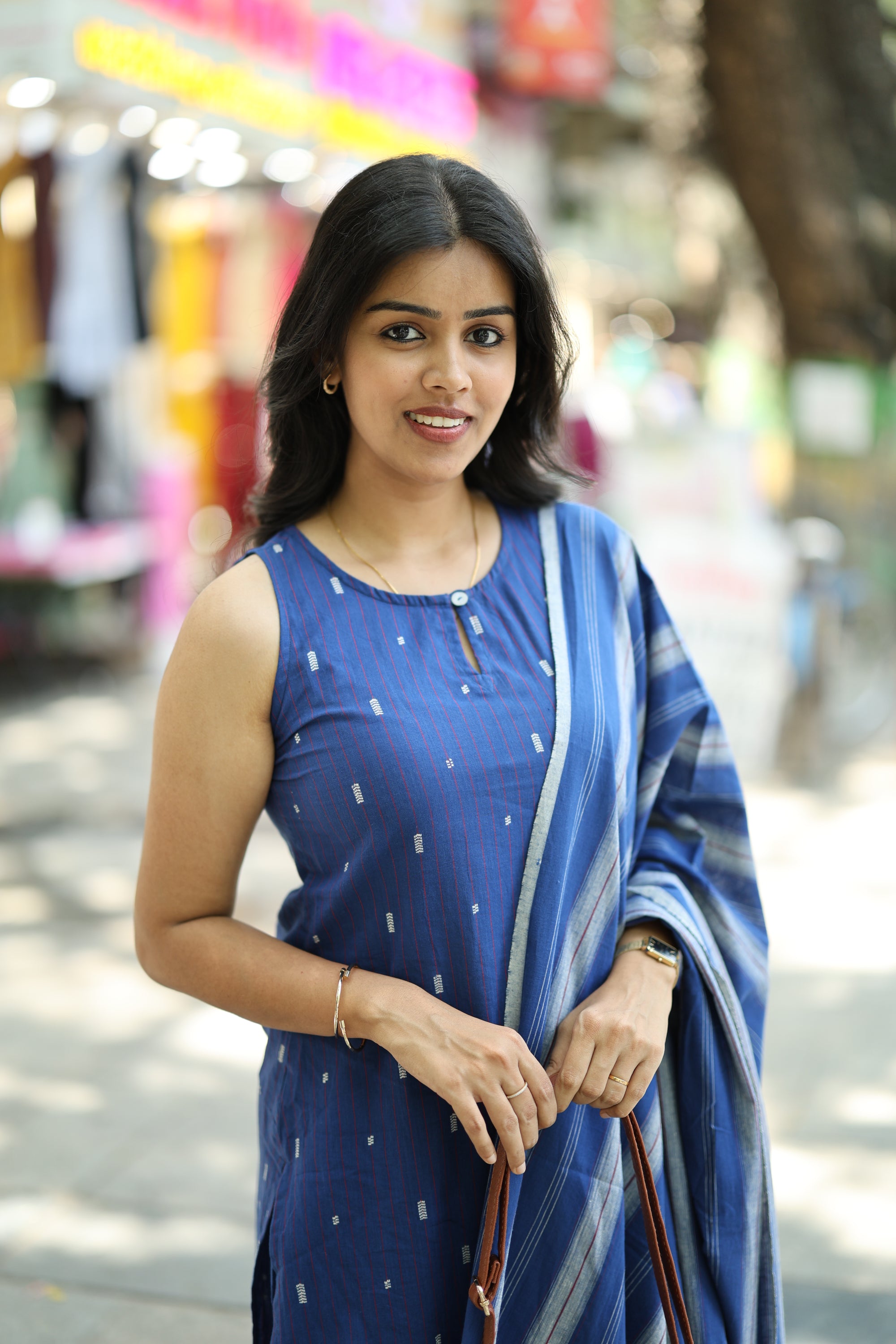 Moumitha - handloom cotton suit set in dark blue colour 