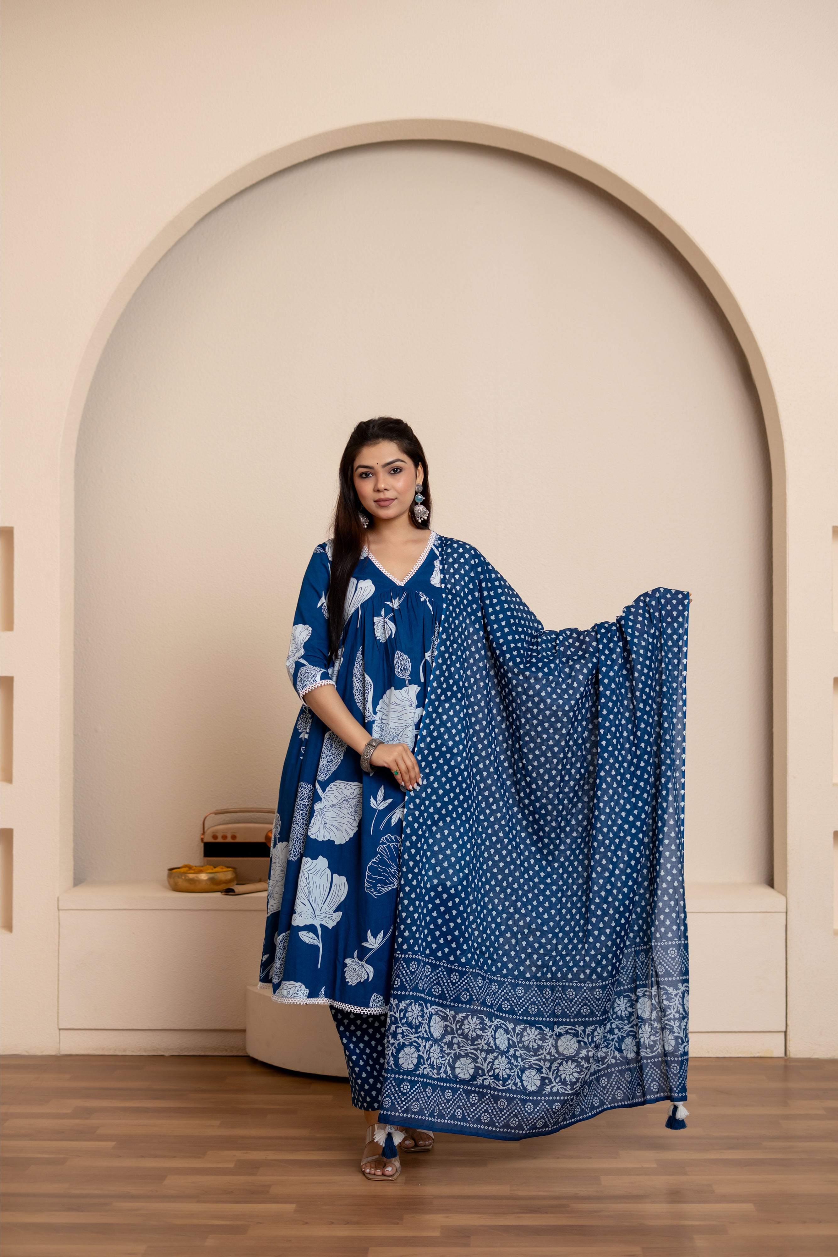 Sunaina - jaal handblock printed anarkali suit set in blue