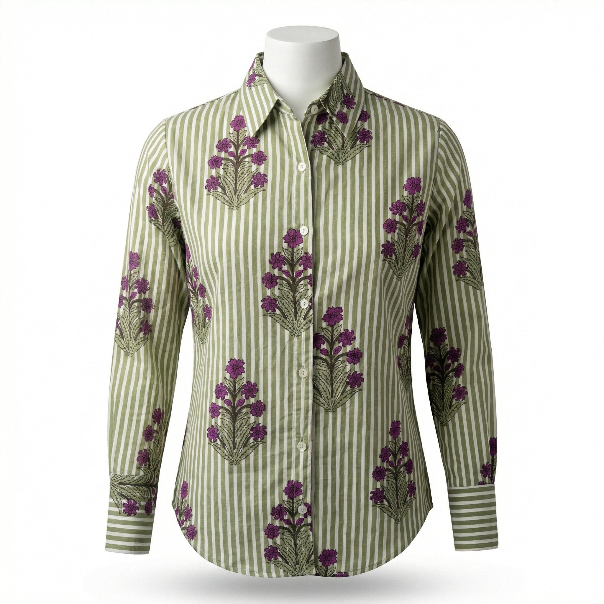 Women's shirt 35-  Floral printed organic cotton shirt in green