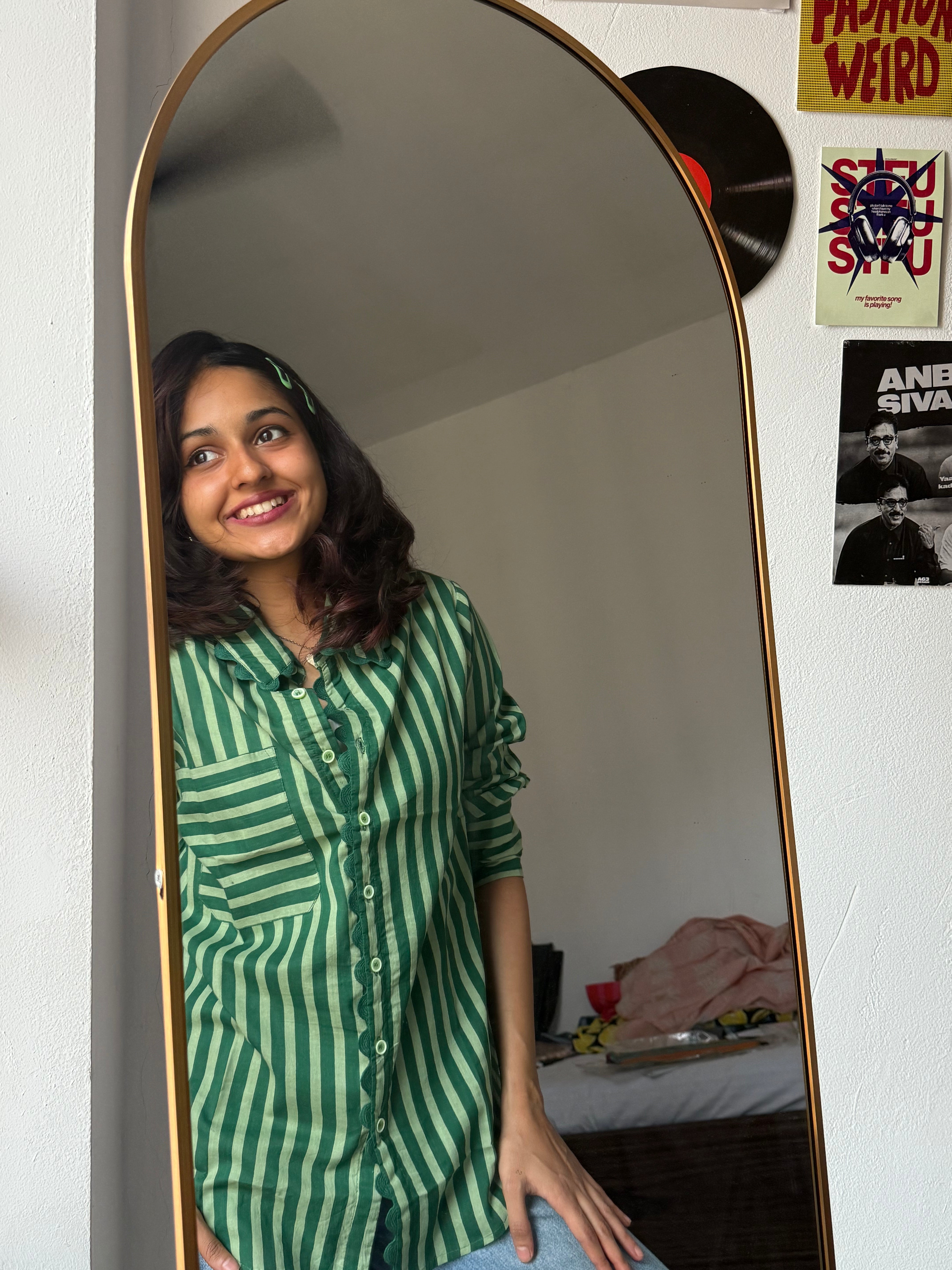 Women's shirt 5 - promenade stripes printed organic cotton shirt in emerald green with lace detailing