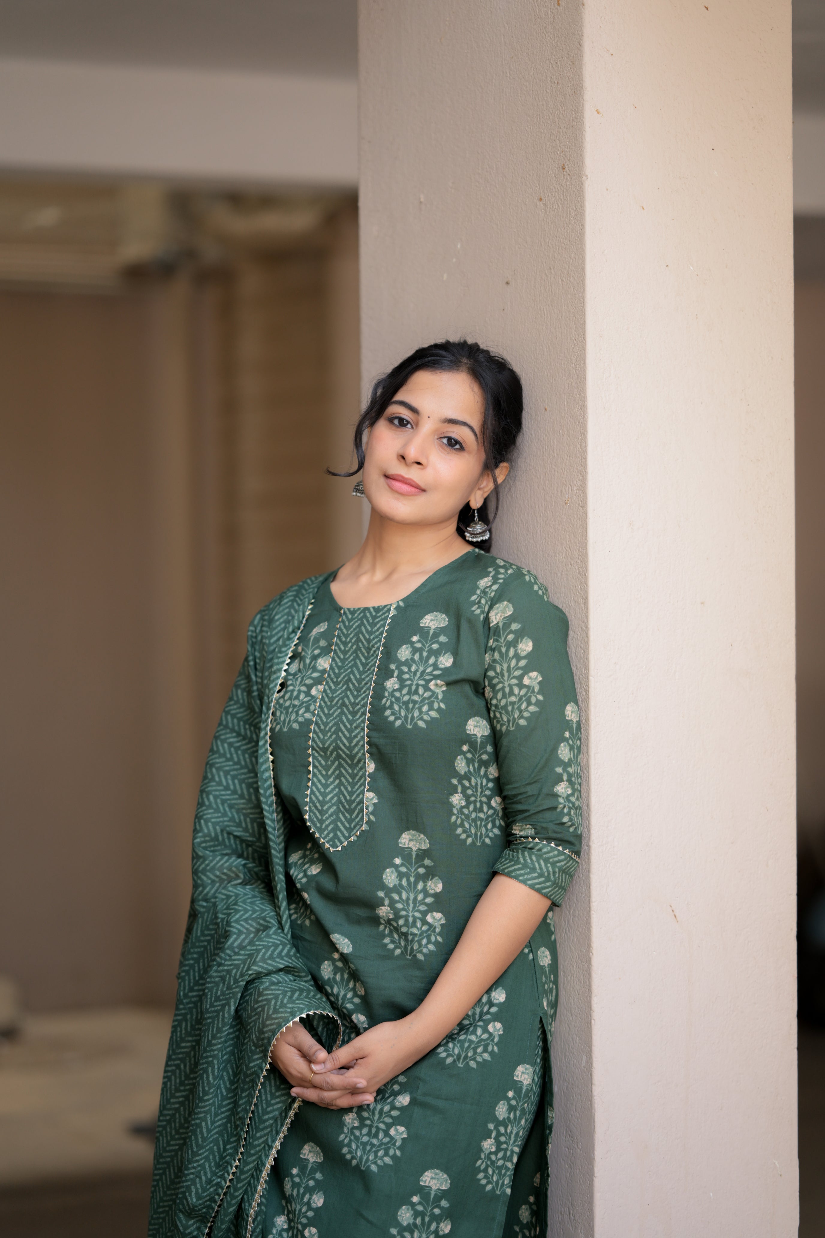 Shambhavi - mehendi green jaipuri cotton suit set