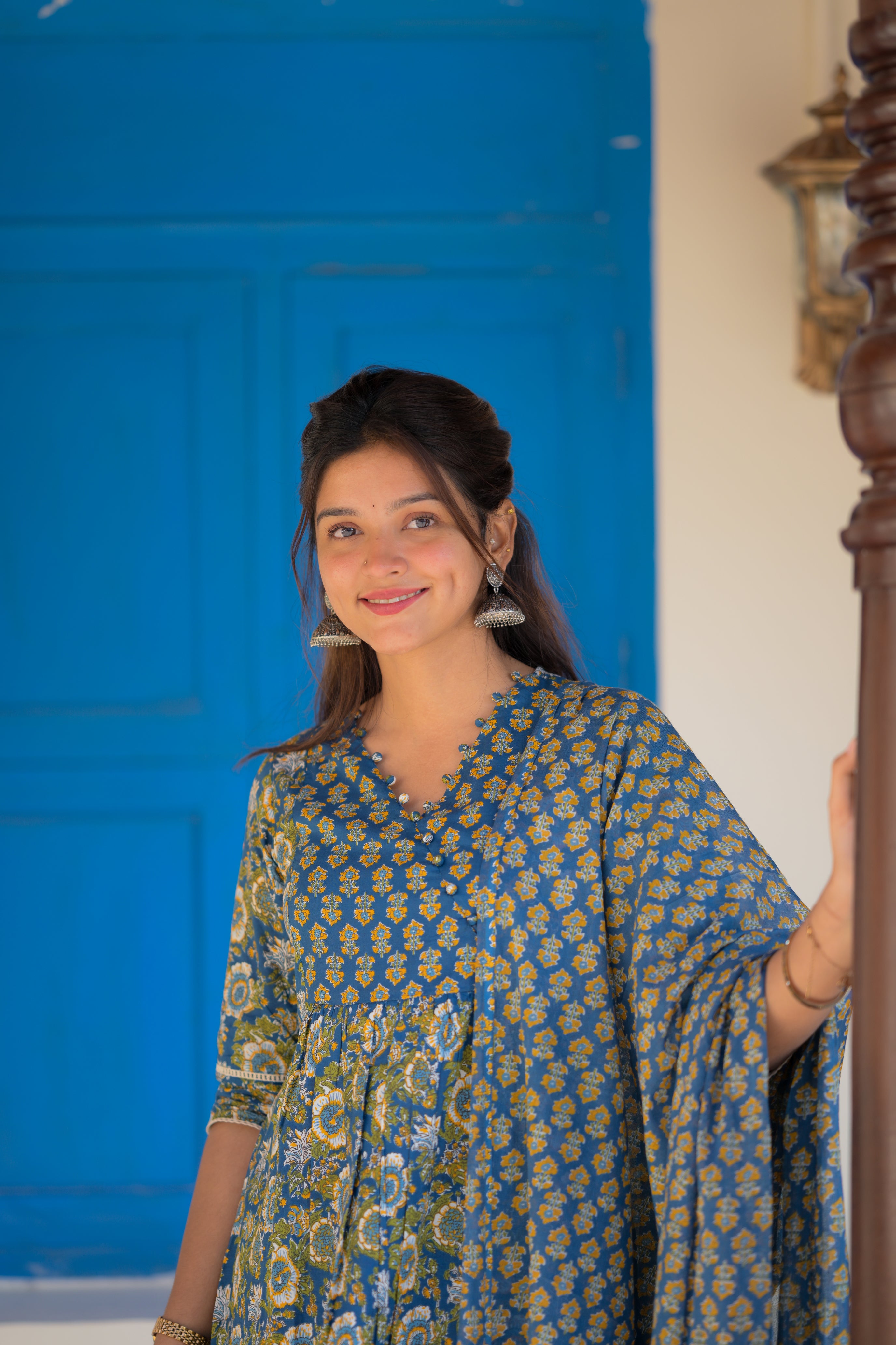 Pravalika - floral hand block printed anarkali suit set in blue