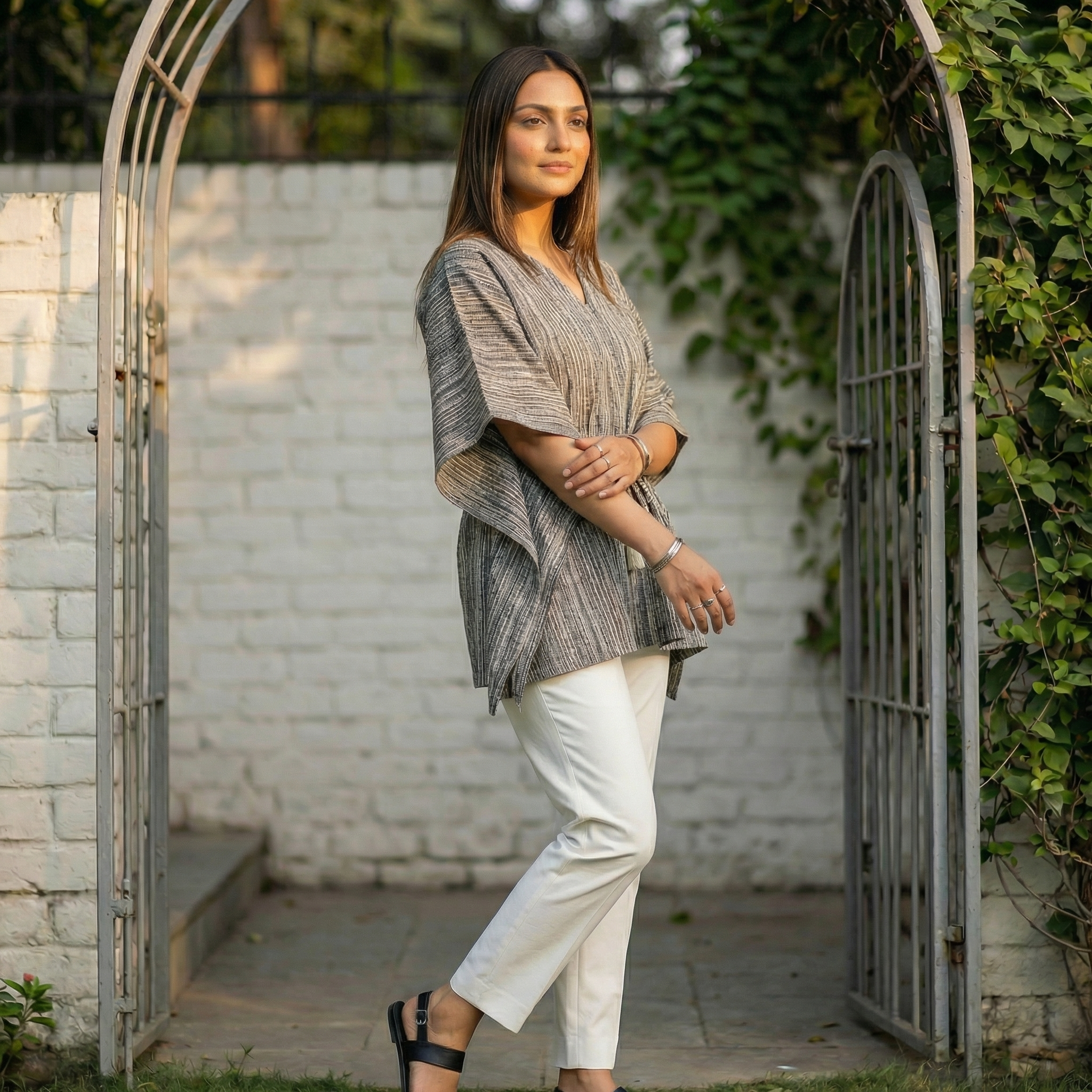 Kaftan Top #15- Stripes printed organic cotton kaftan top in grey