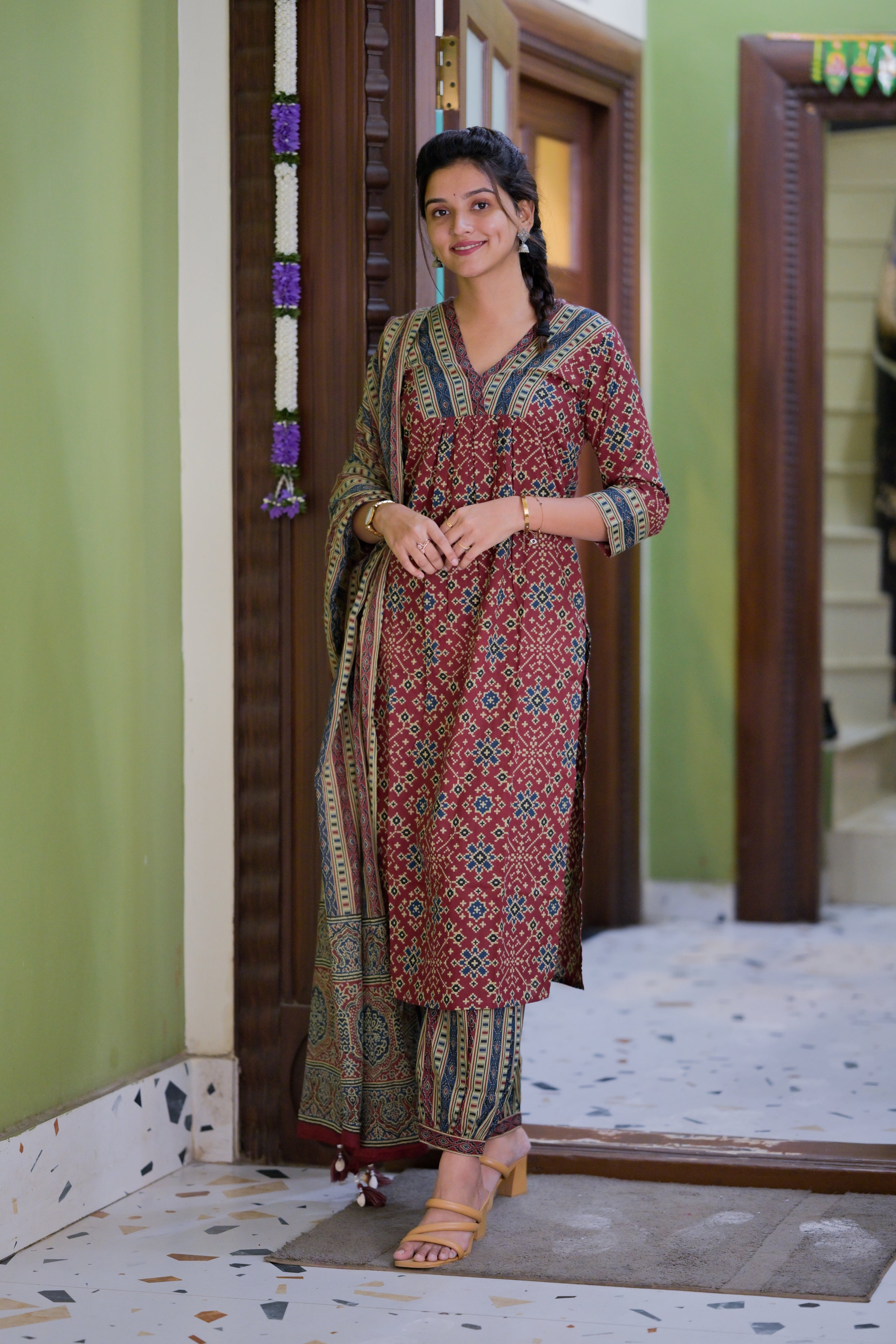Shanmathi - ajrakh handblock printed suit set in maroon colour 