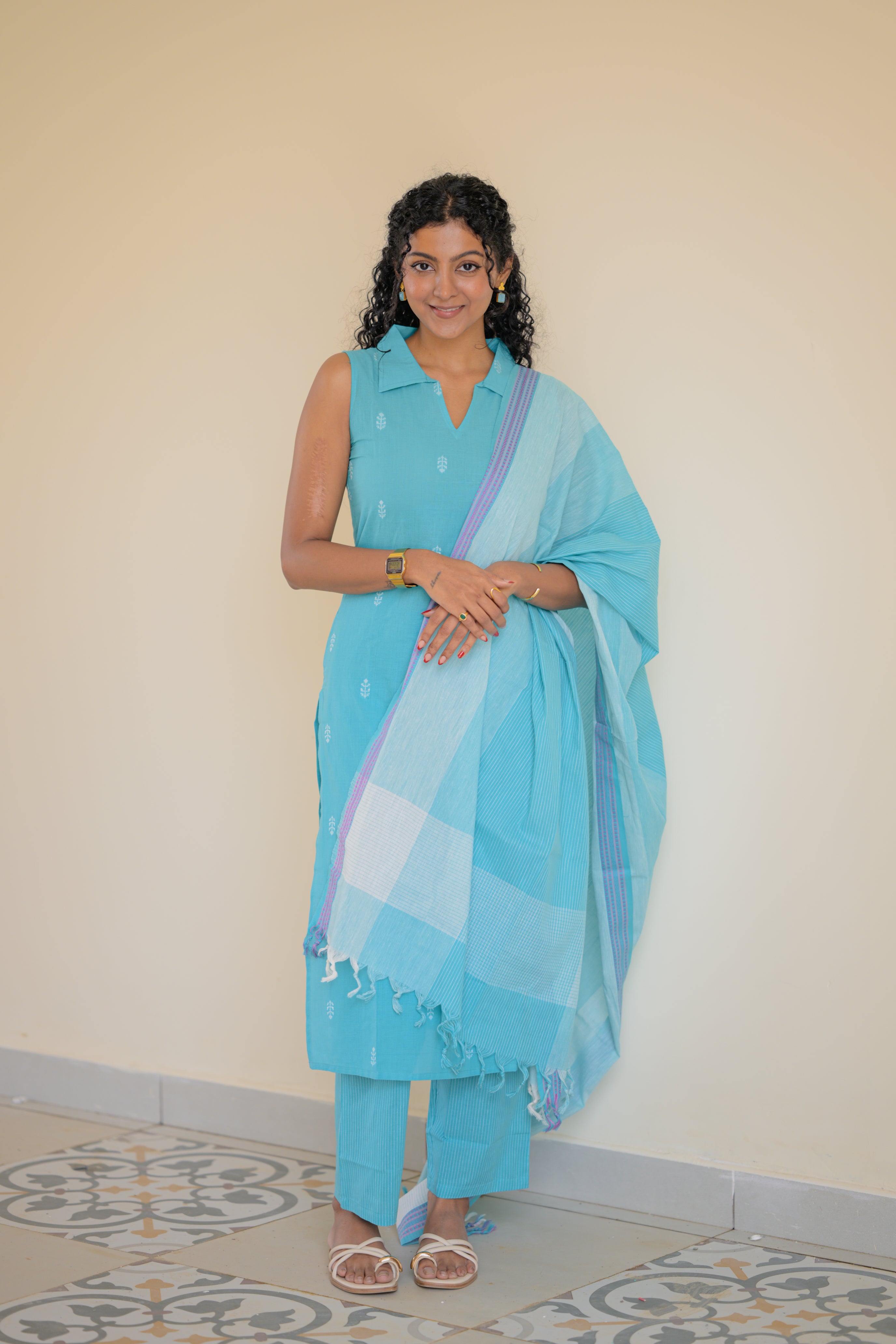 Padmashree ( sky blue )- handloom cotton suit set in sky blue