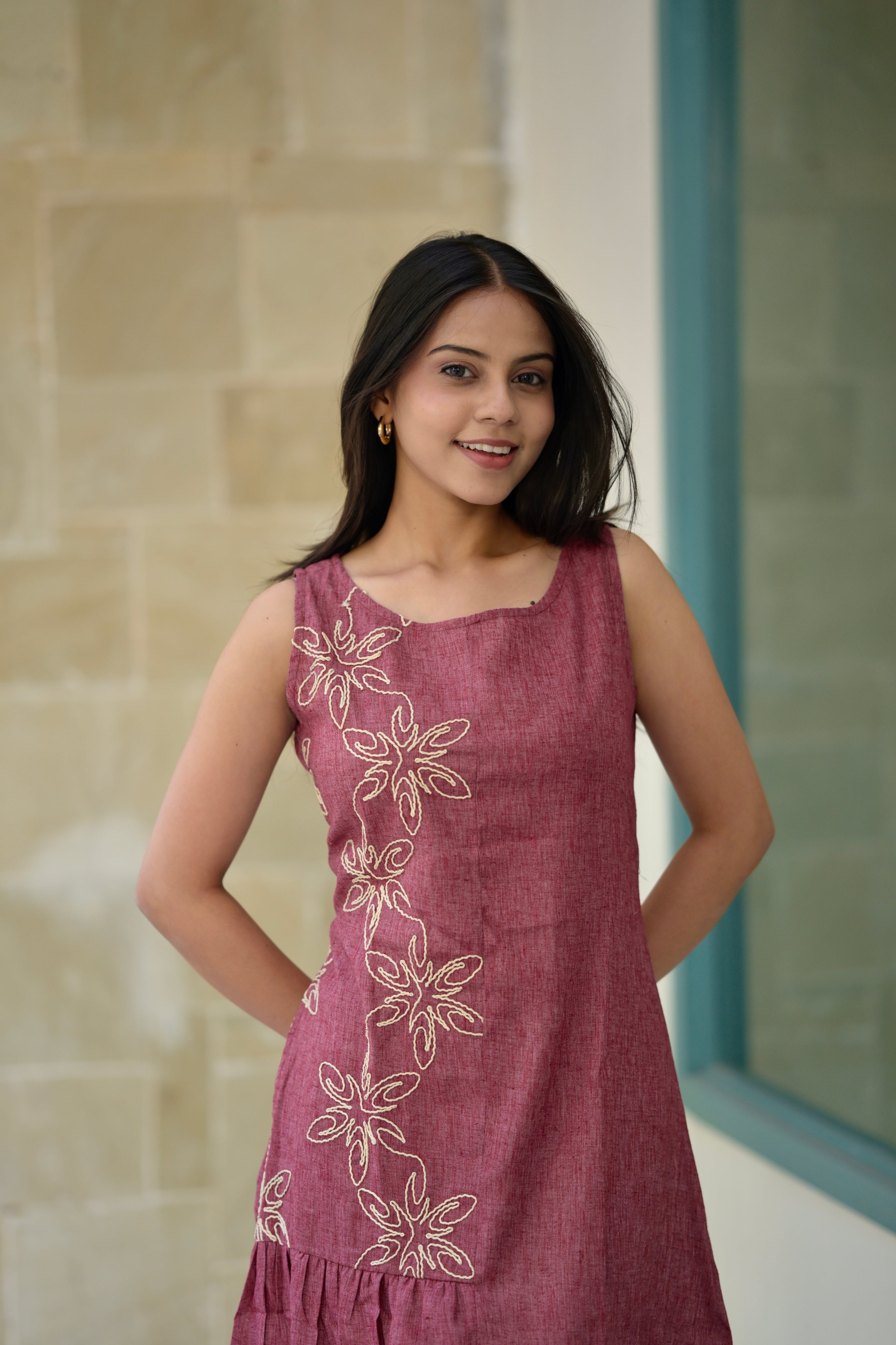 Women linen dress 2 - wine colour linen cotton dress with embroidery