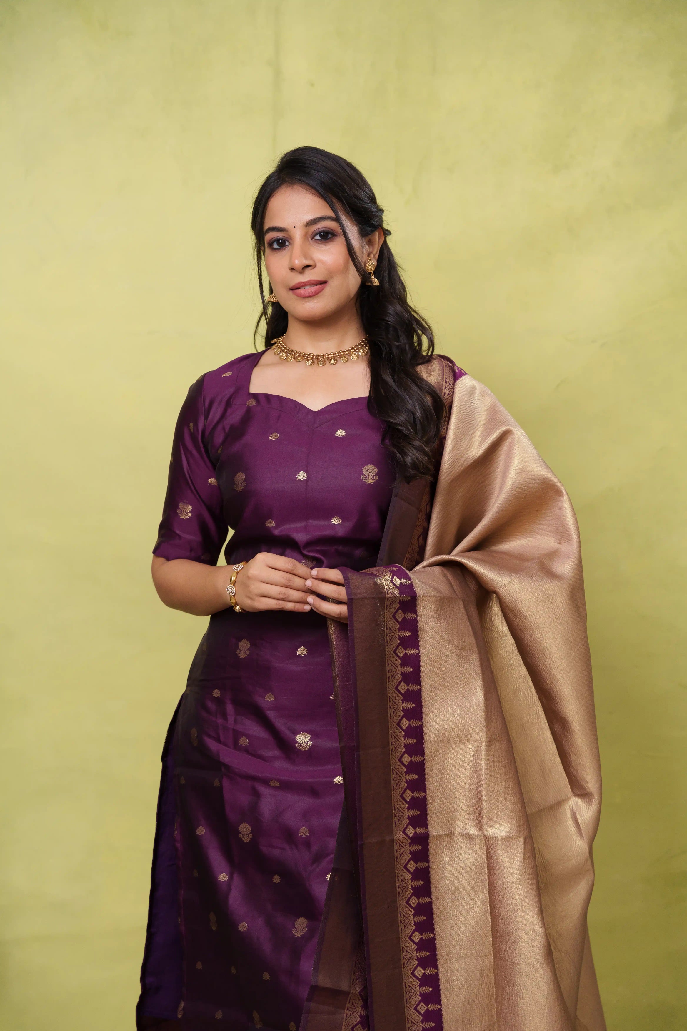Samanvitha (purple ) -  vegan silk suit set with crushed tissue silk dupatta in rose gold and purple