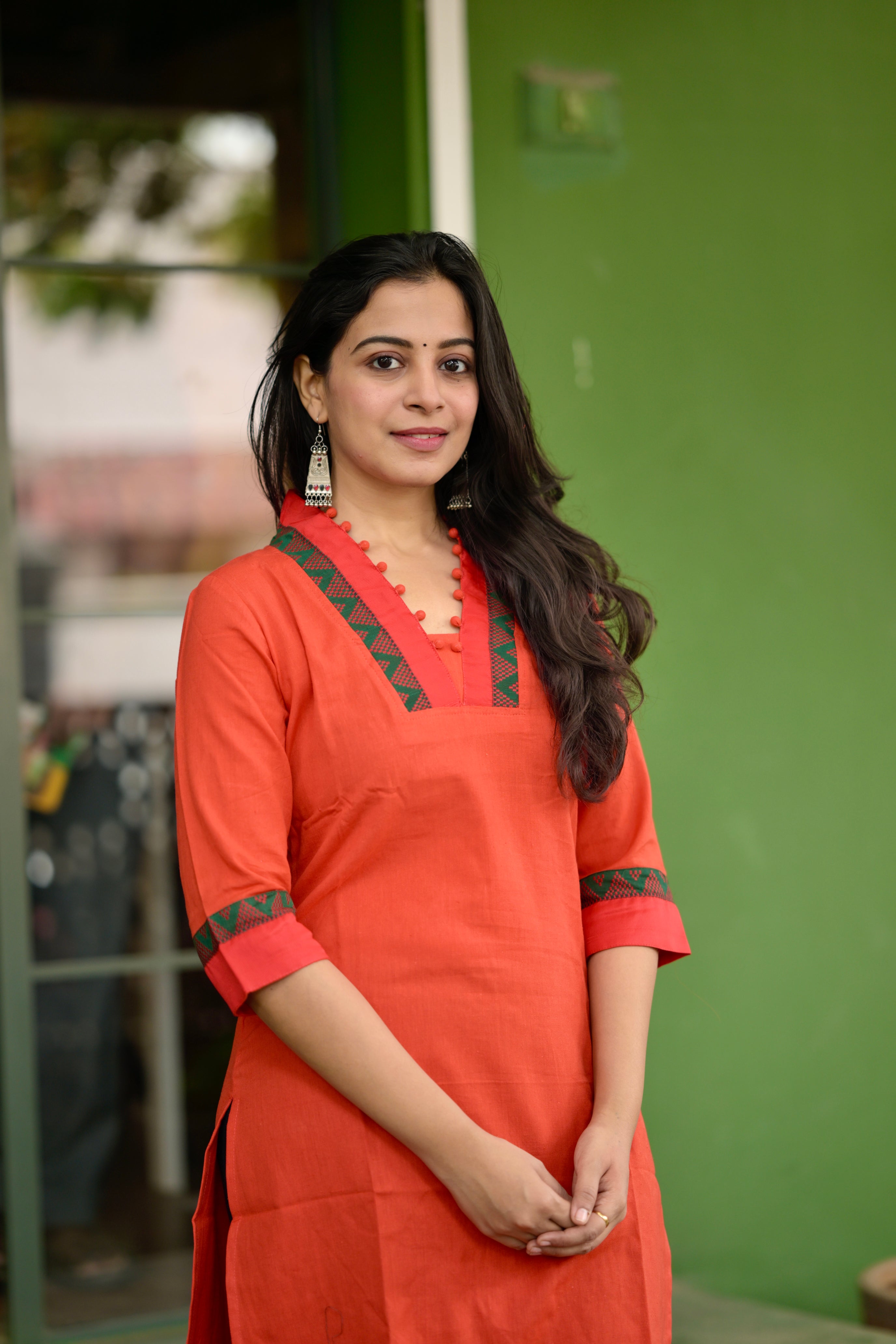 Nayanthara #11 -handloom cotton kurti in red & green
