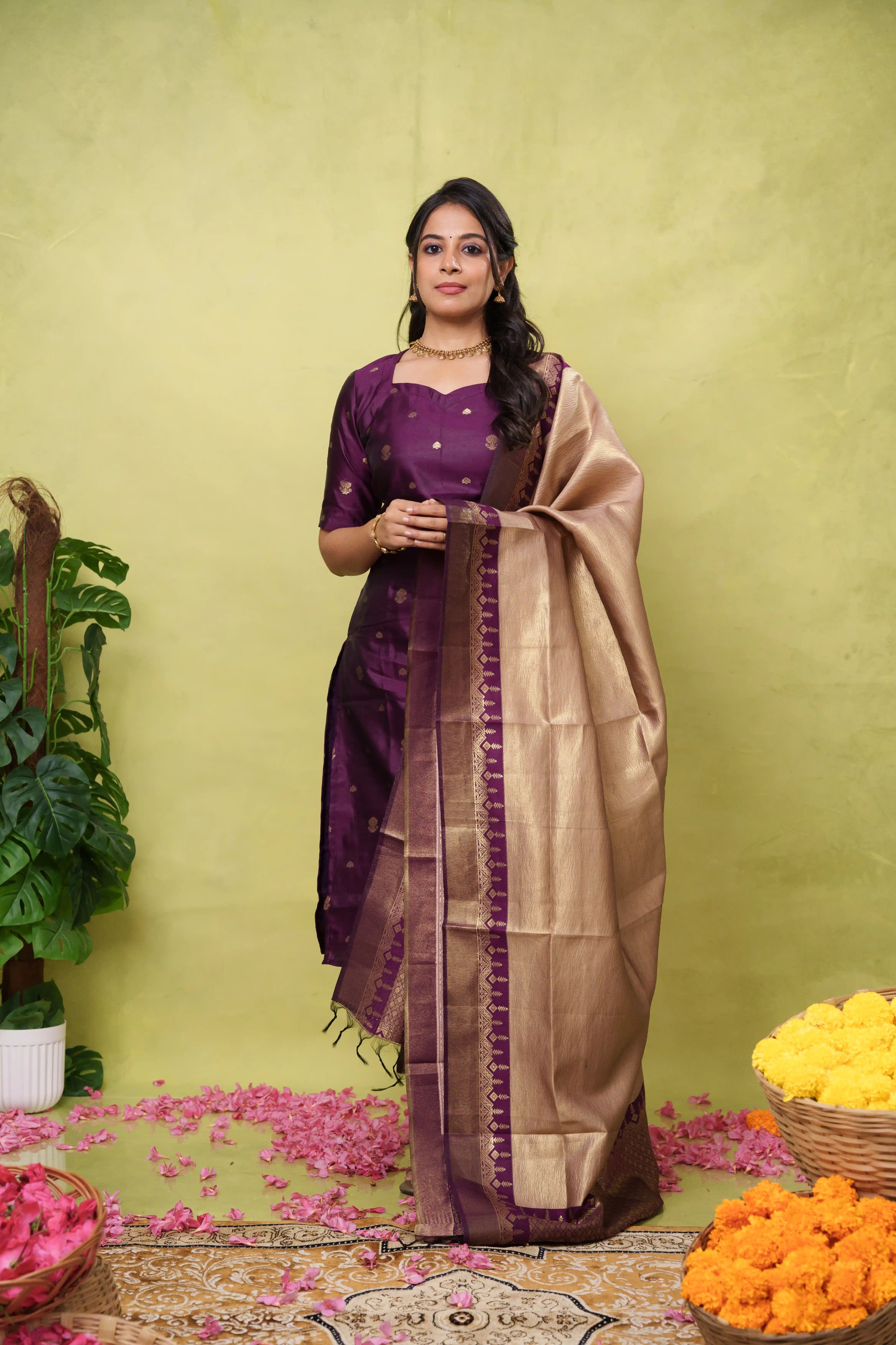 Samanvitha (purple ) -  vegan silk suit set with crushed tissue silk dupatta in rose gold and purple