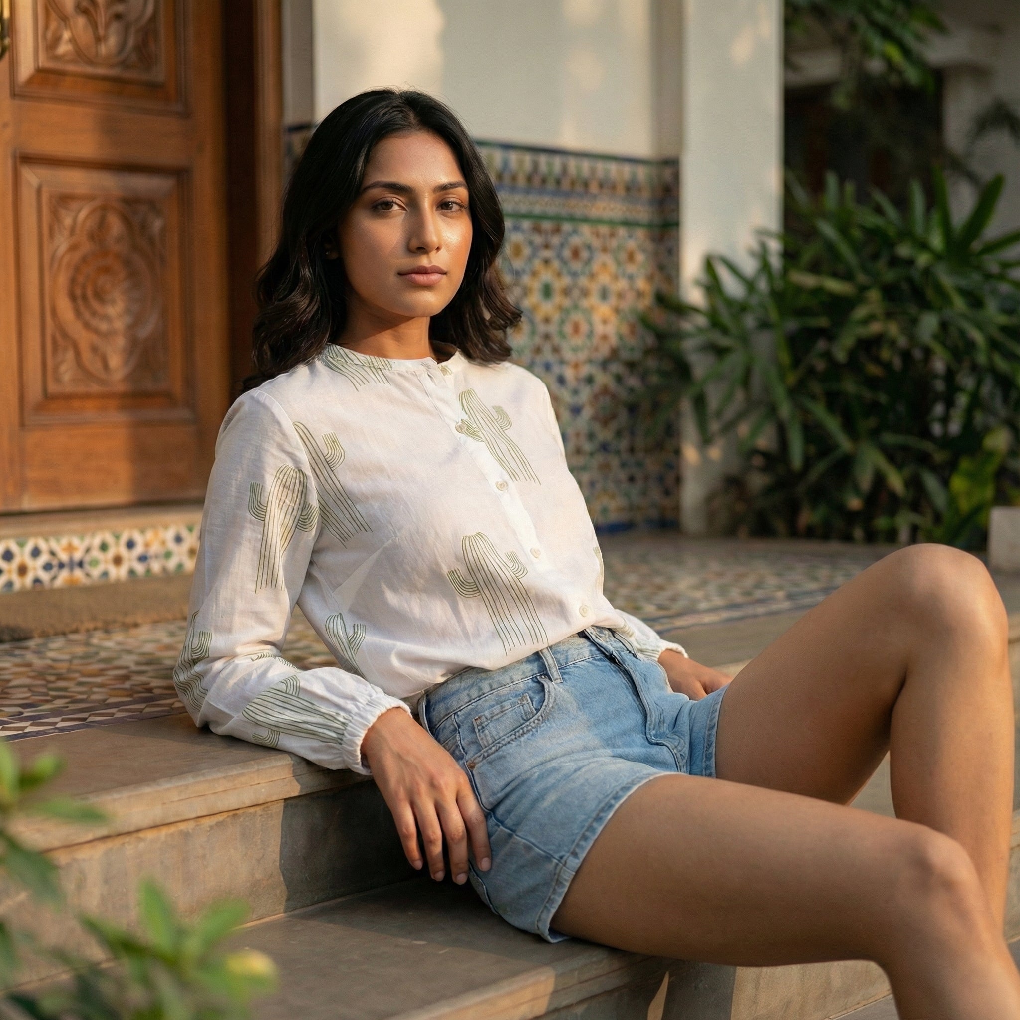 Women's shirt 27- Cactus printed organic cotton shirt in white