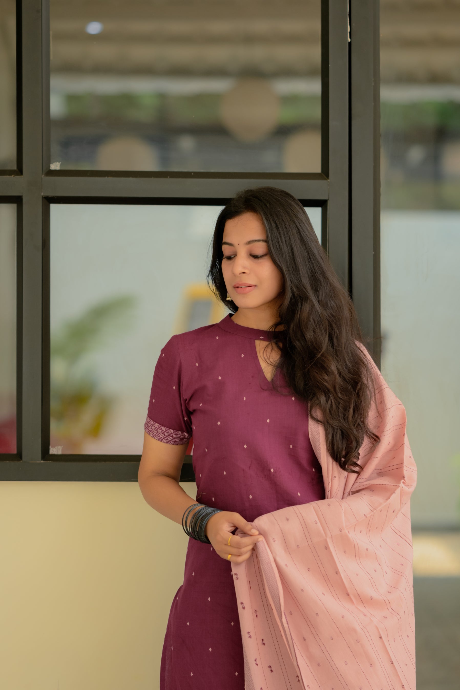 Snigdha (wine) - handloom cotton suit set in wine