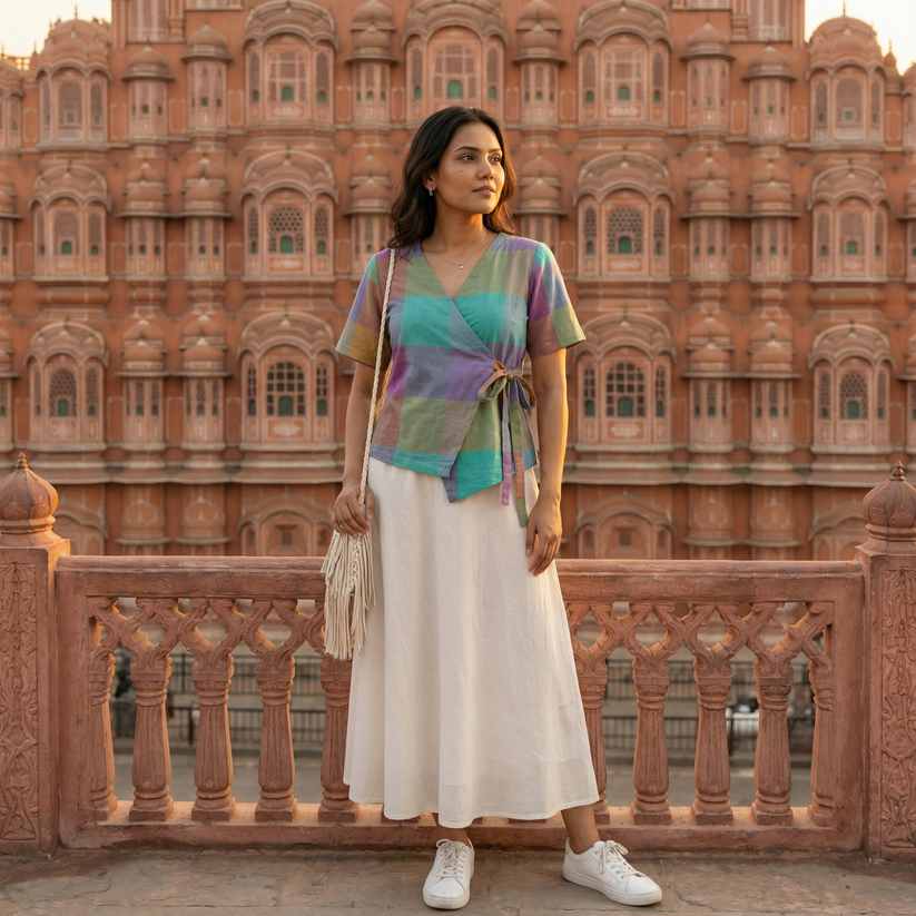 Crop top #101- handloom organic wrap on cotton top in aqua blue ...