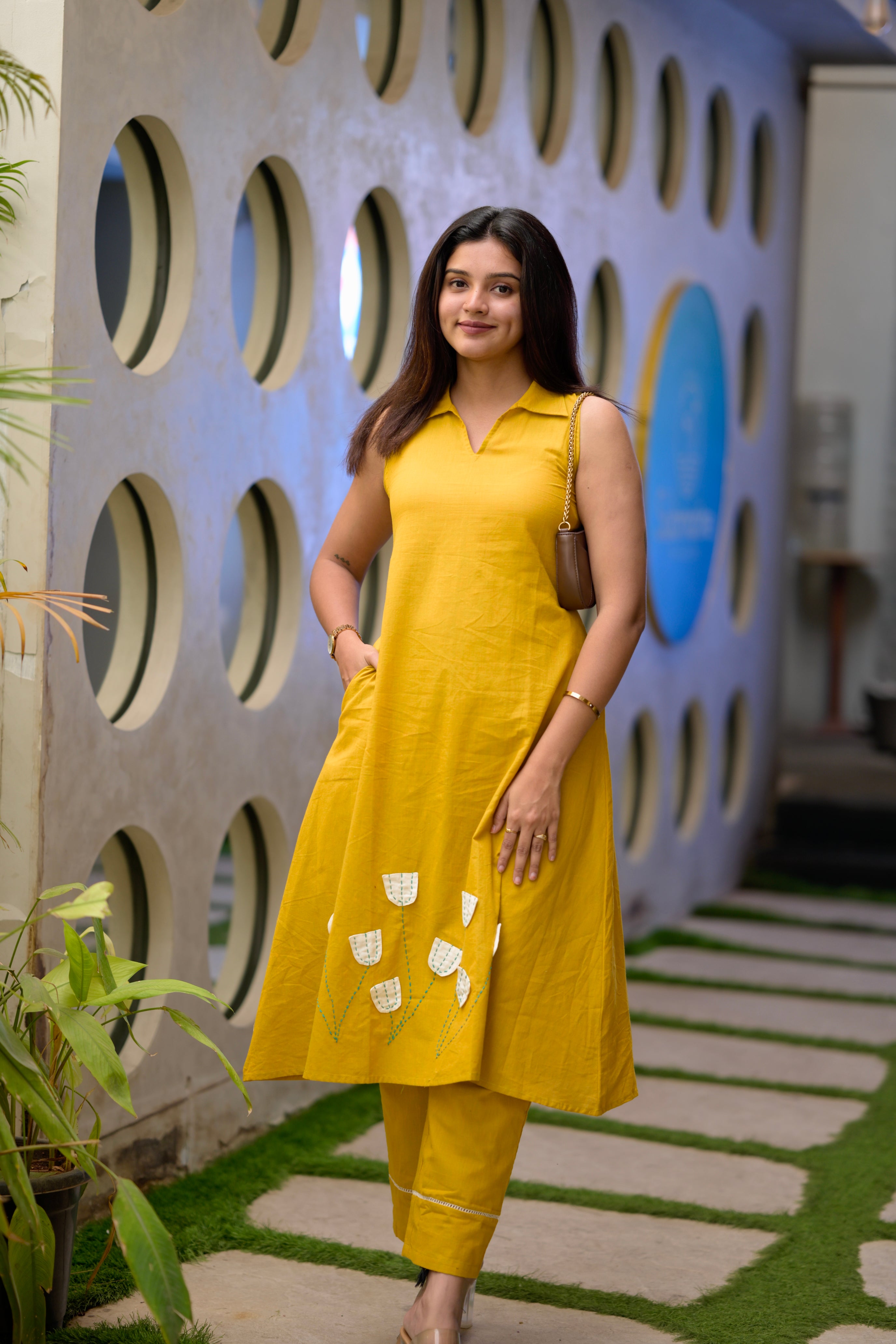 Savanna (yellow)- Cotton flex co-ord set with appliqué work in yellow