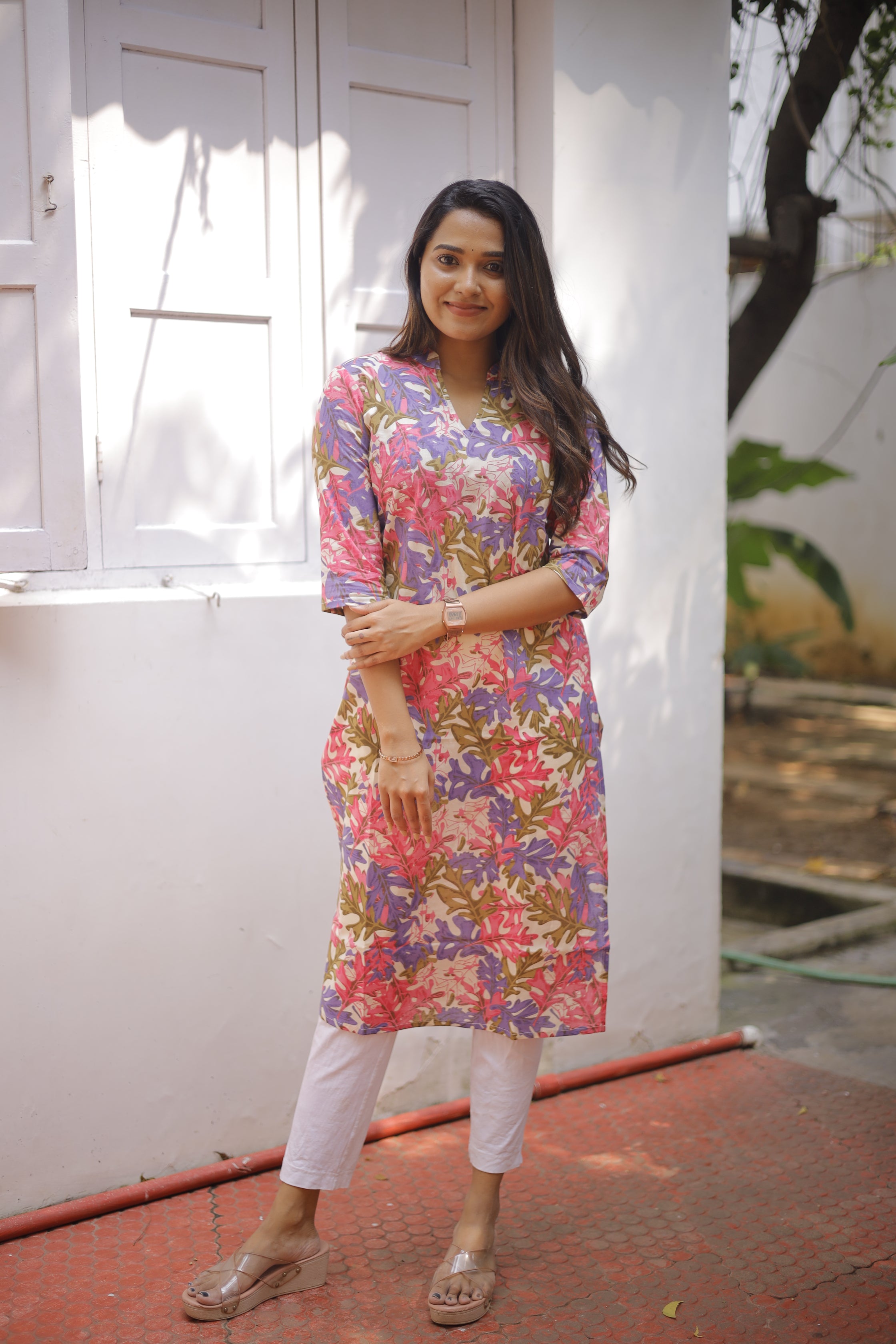 Kurti -117 - leaf printed cotton kurti in purple and pink