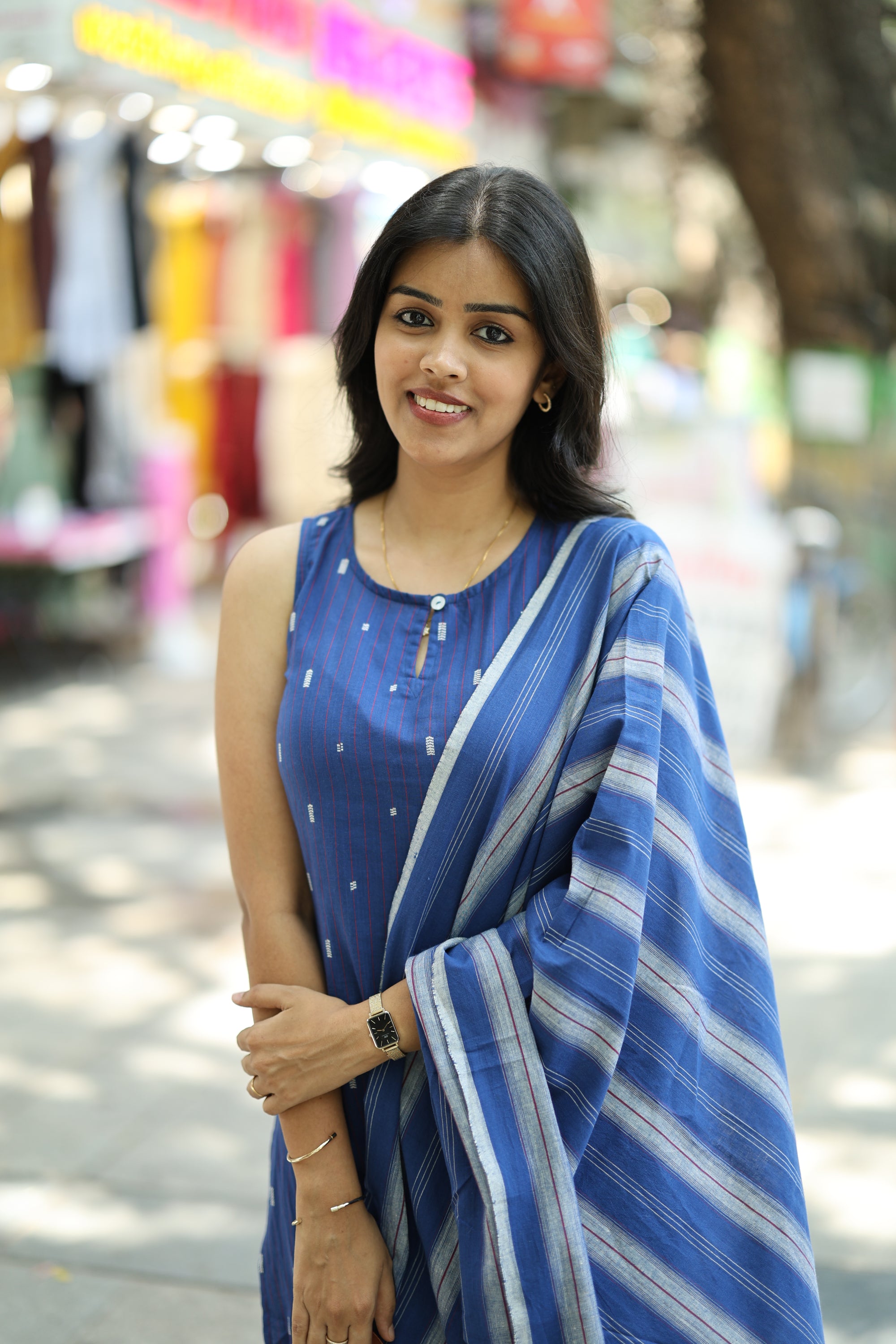 Moumitha - handloom cotton suit set in dark blue colour 