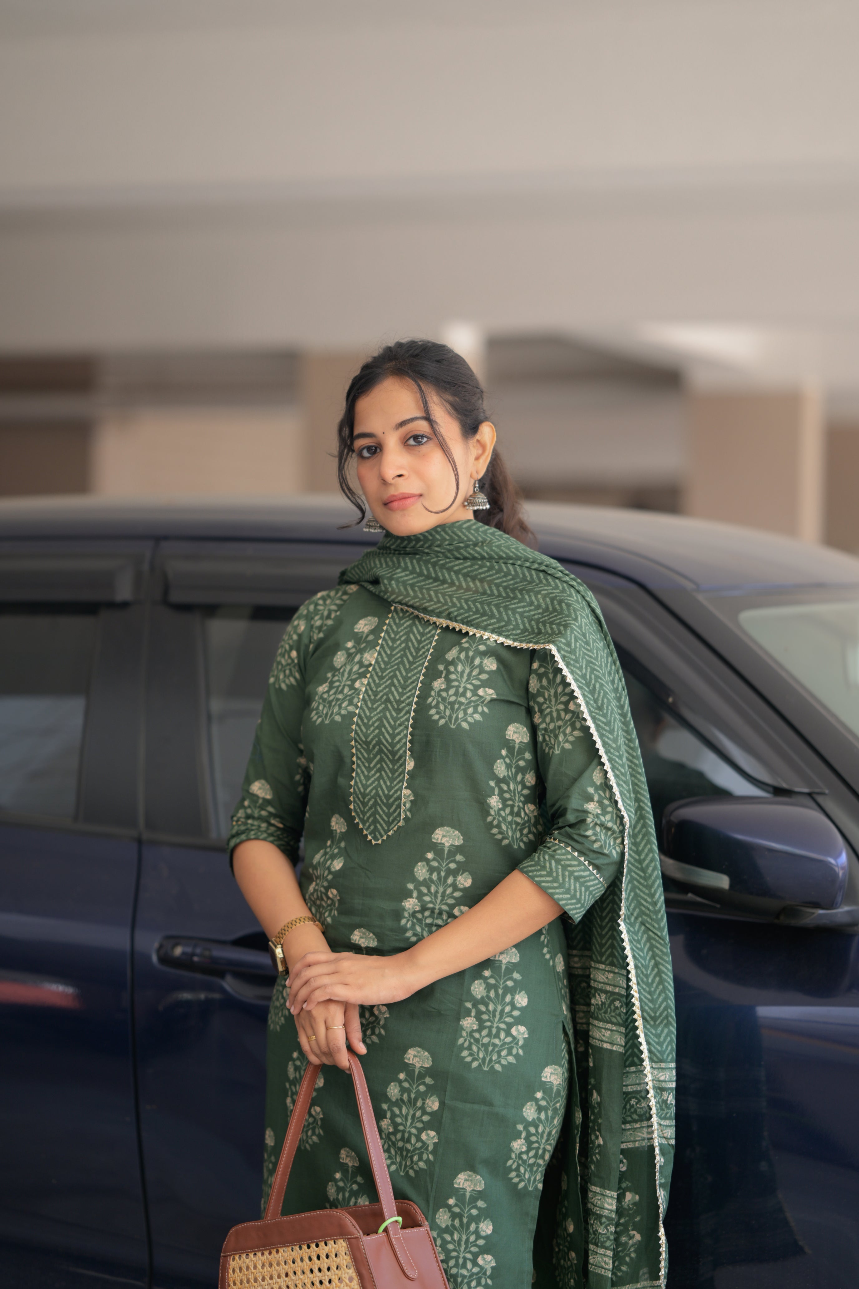 Shambhavi - mehendi green jaipuri cotton suit set