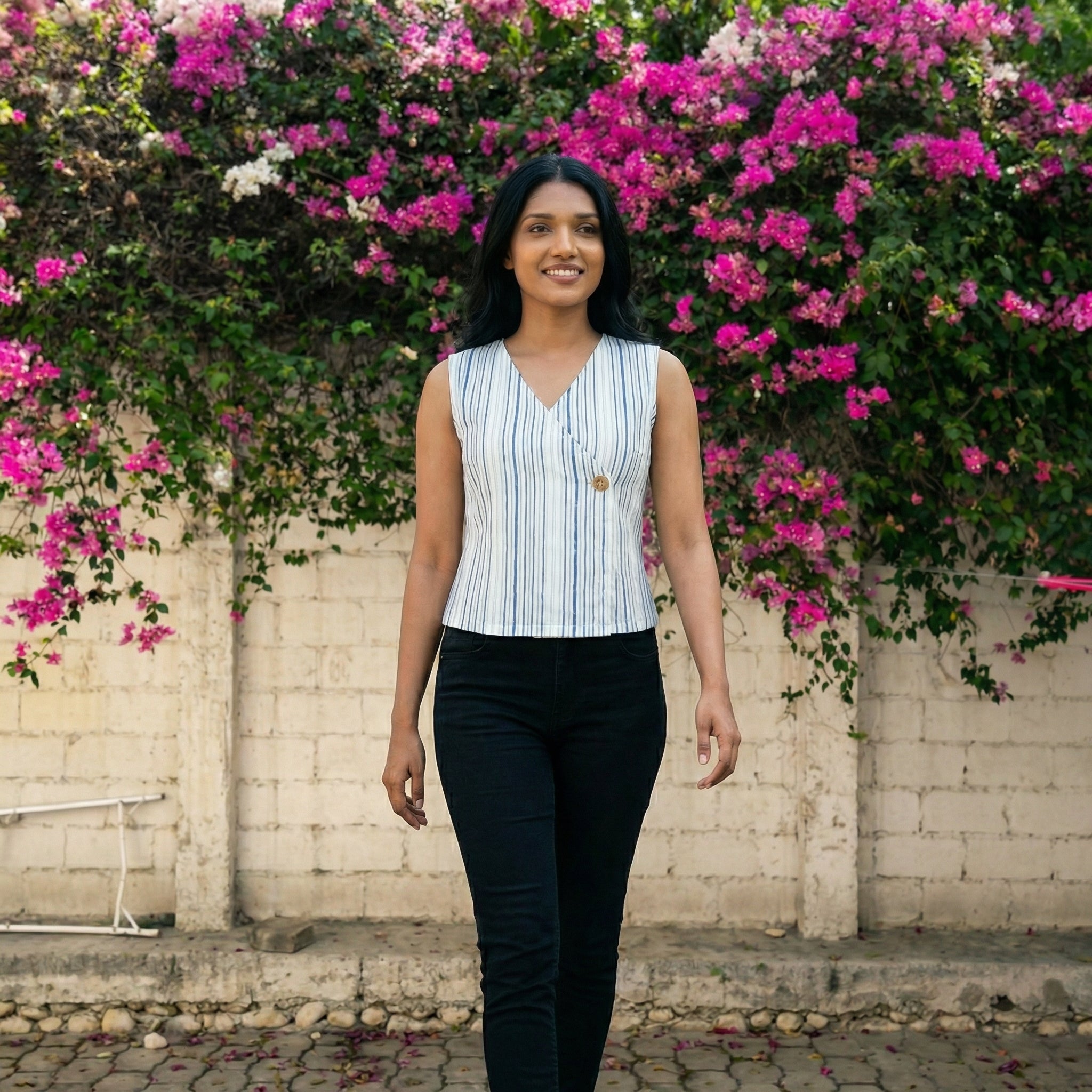 Crop top #83- handloom  organic cotton top in blue and off white