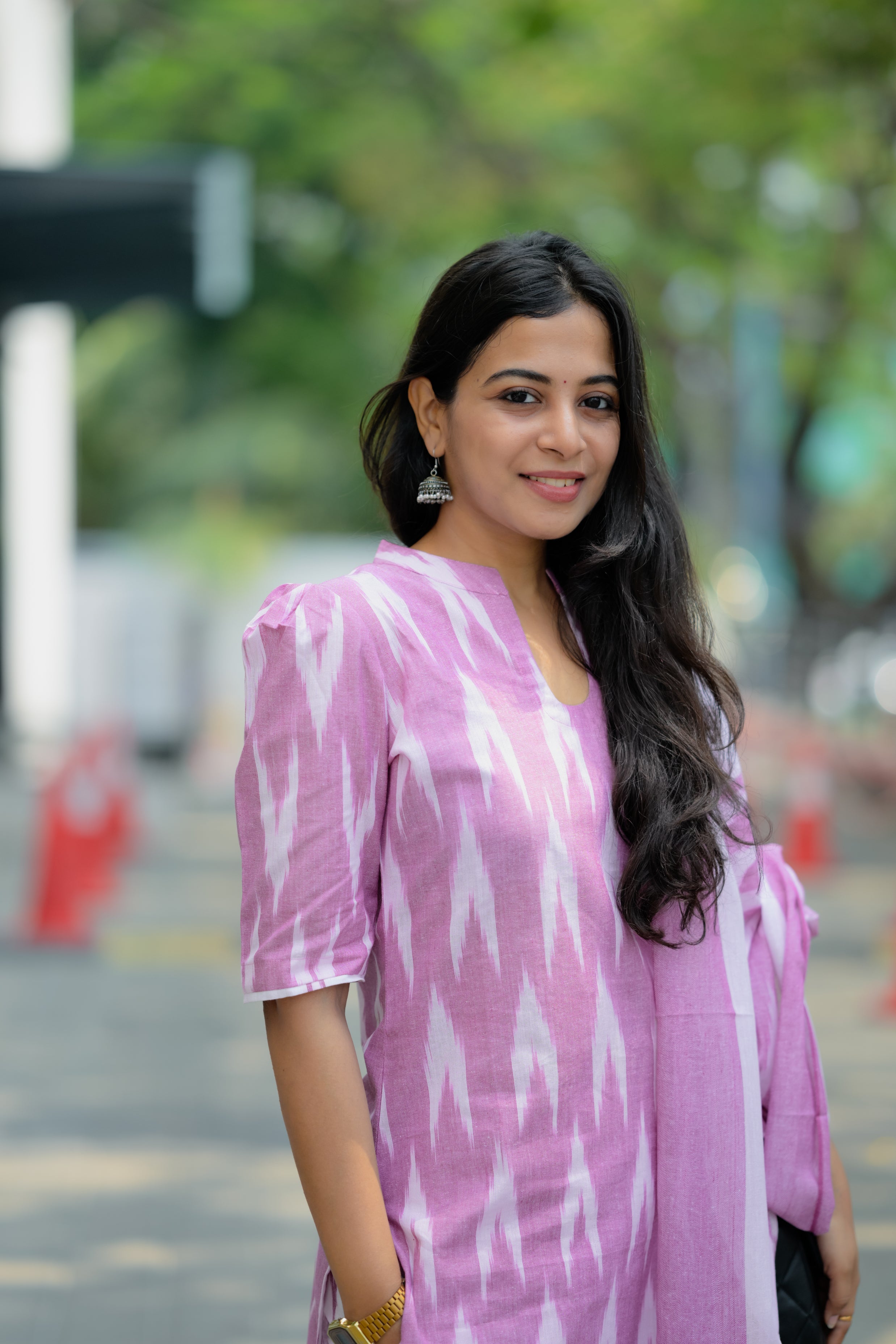 Tejasvi (pink) - handloom ikkat cotton suit set in pink