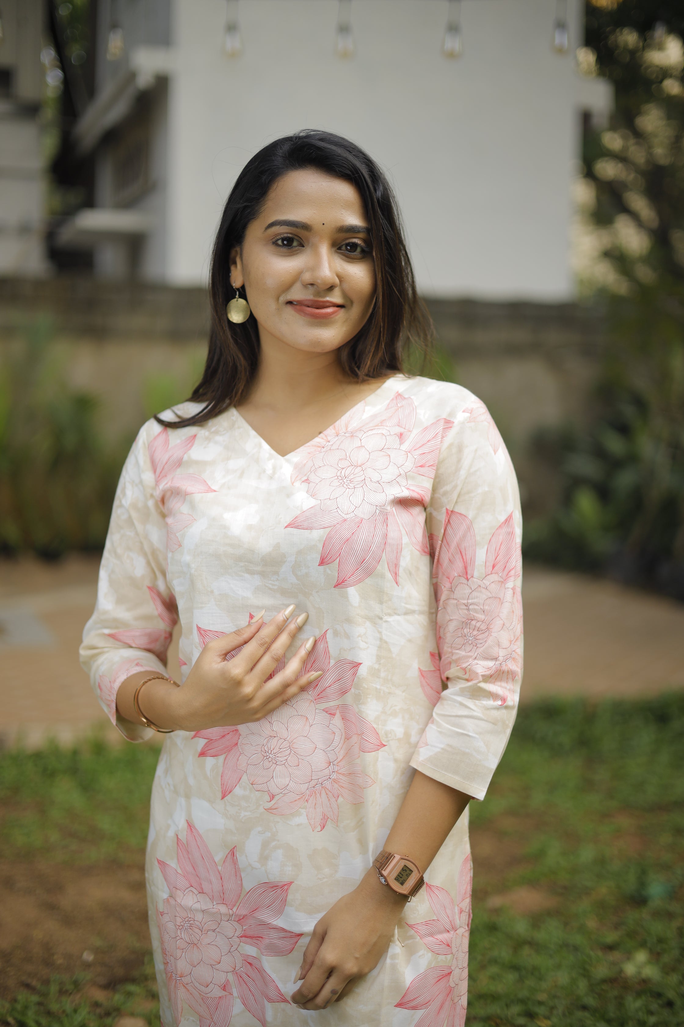 Kurti -119 - lotus printed cotton kurti in cream and pink