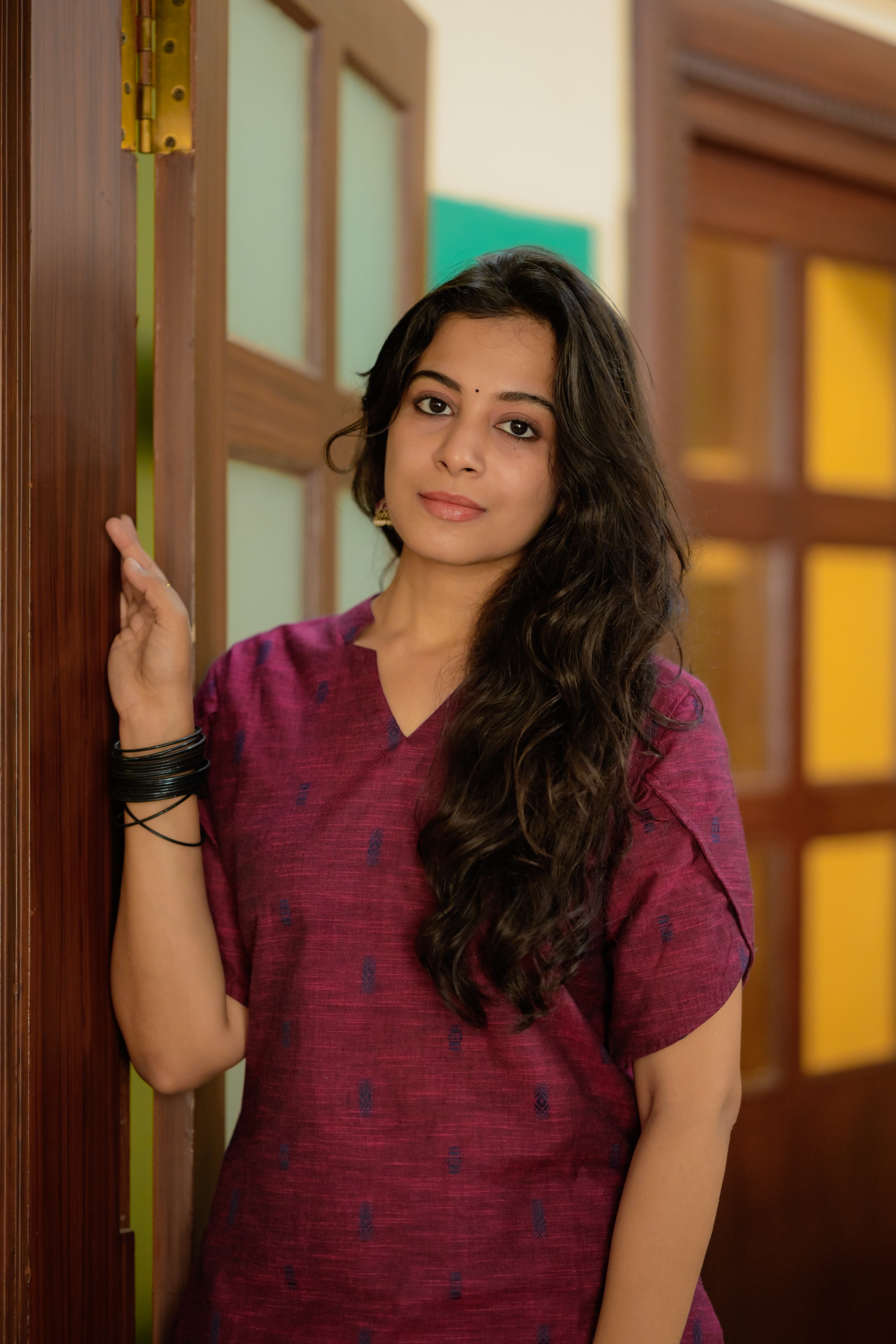 Ina (wine) - handloom cotton linen kurta set in wine