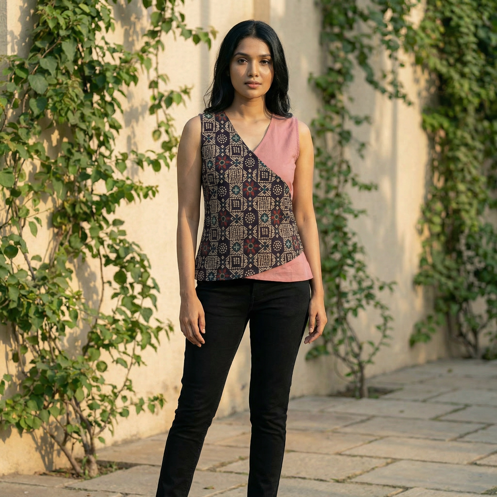 Crop top #67- handloom  organic cotton top in black and baby pink