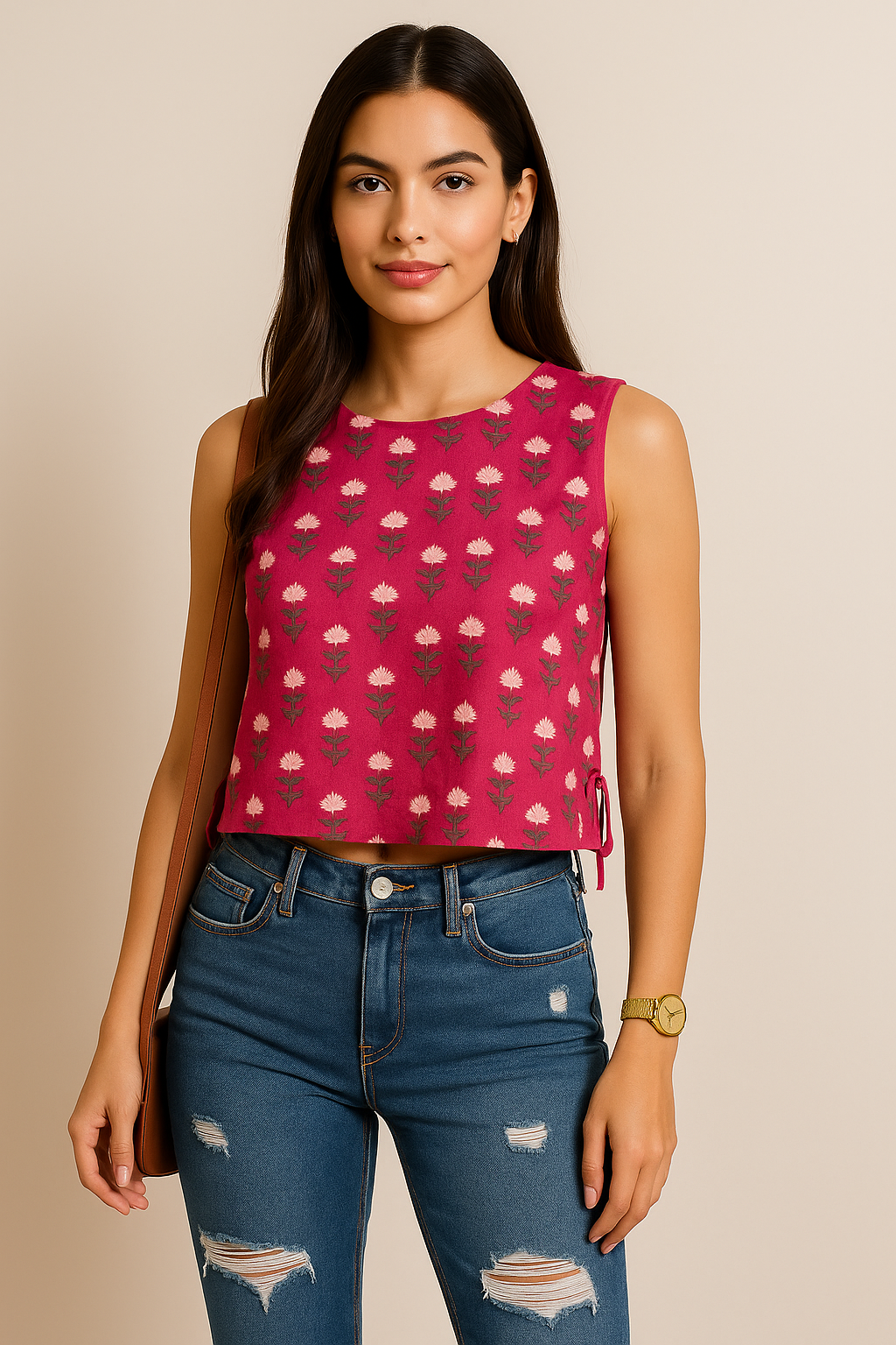 Crop top #11- floral printed organic top in pink