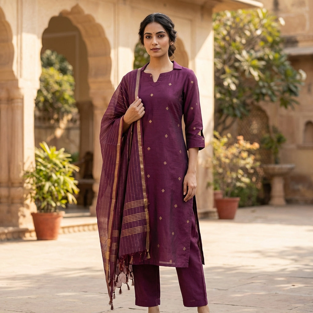 Komal(wine) - handloom cotton suit set in wine colour