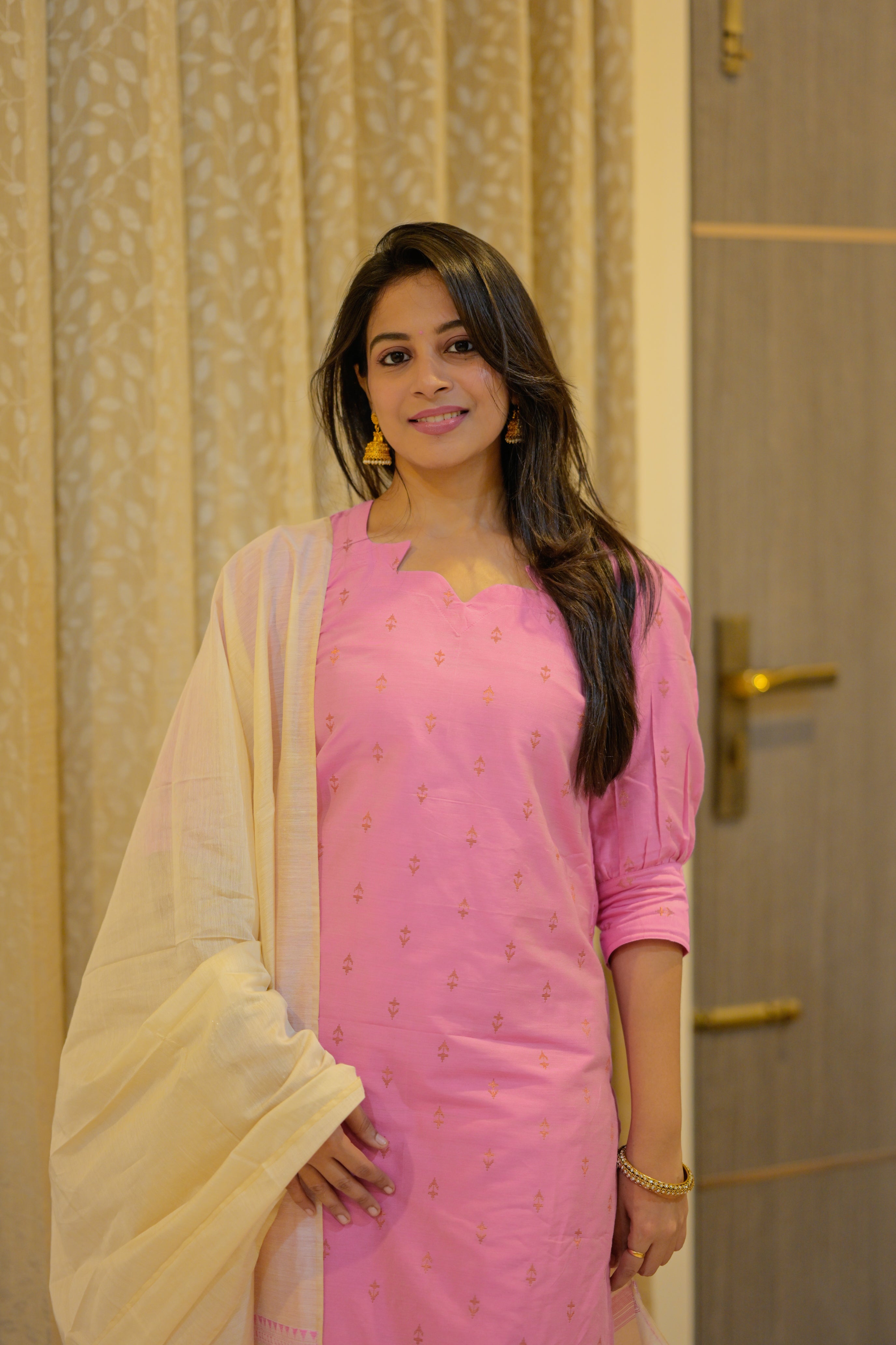 Kaveri (pink) - tussar like suit set in pink and white