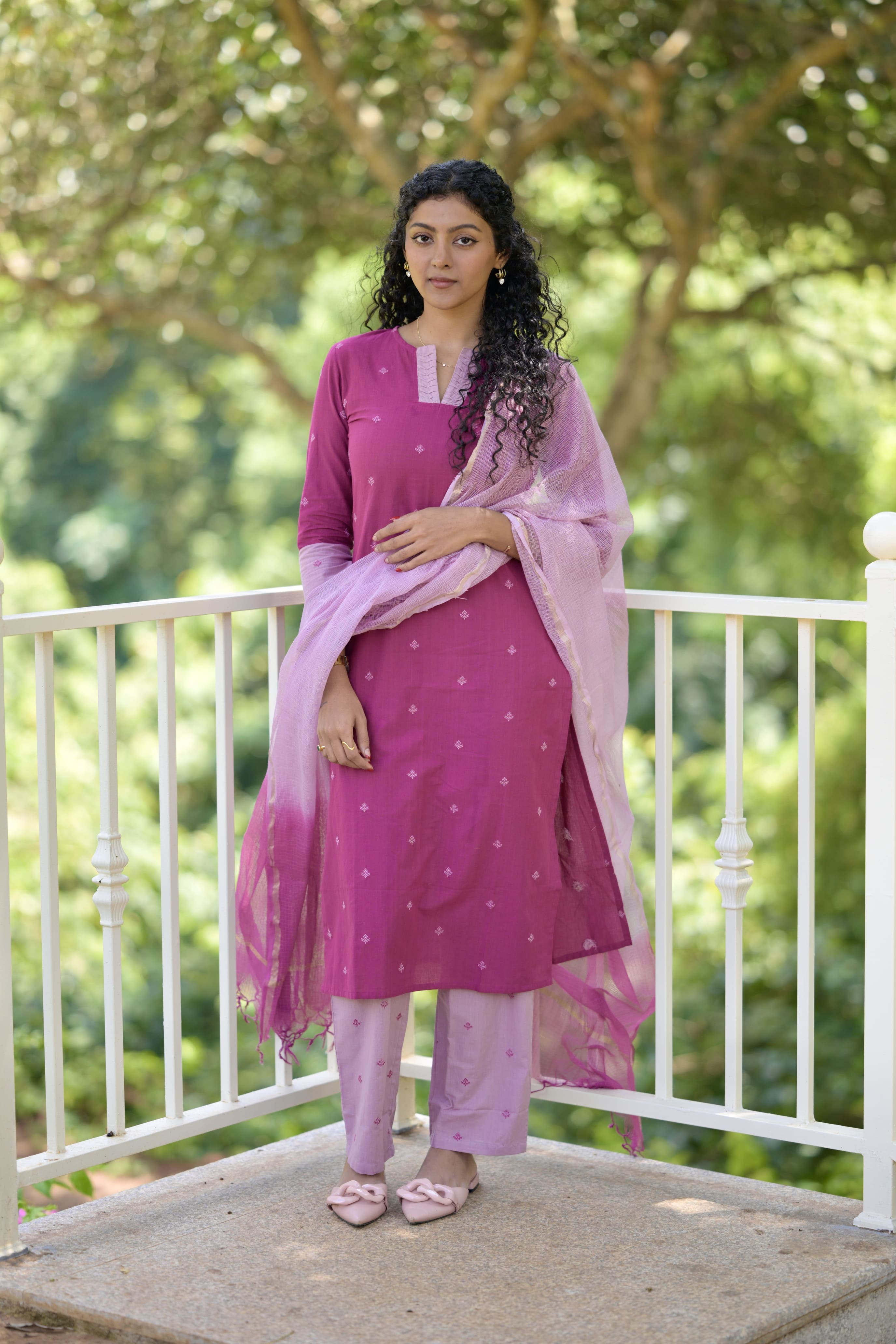 Vidya (magenta) - handloom cotton suit set with chiffon dupatta in magenta colour