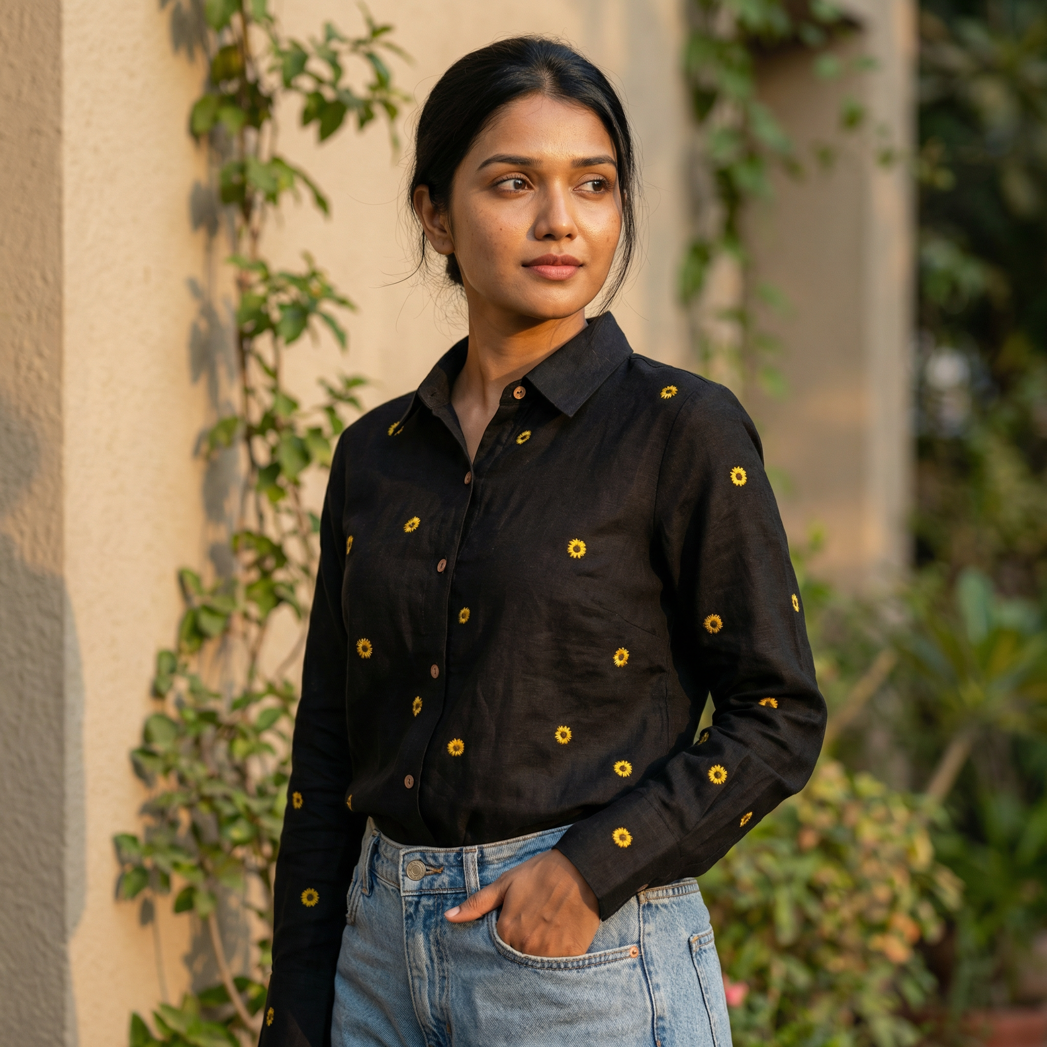 Embroidery shirt 10- sunflower embroidered organic cotton shirt in black