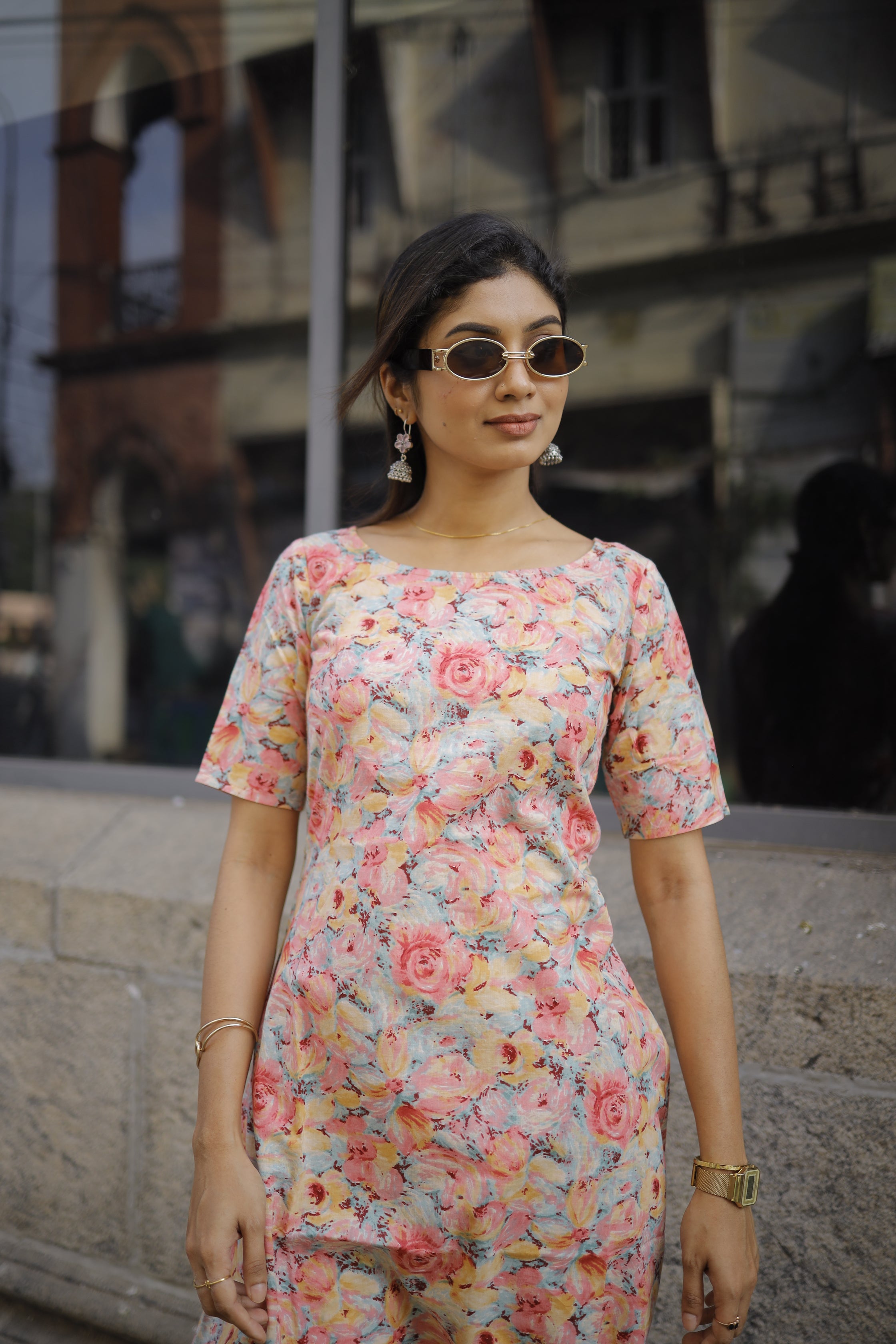 Shreenitha - peach floral brush painted cotton kurta set