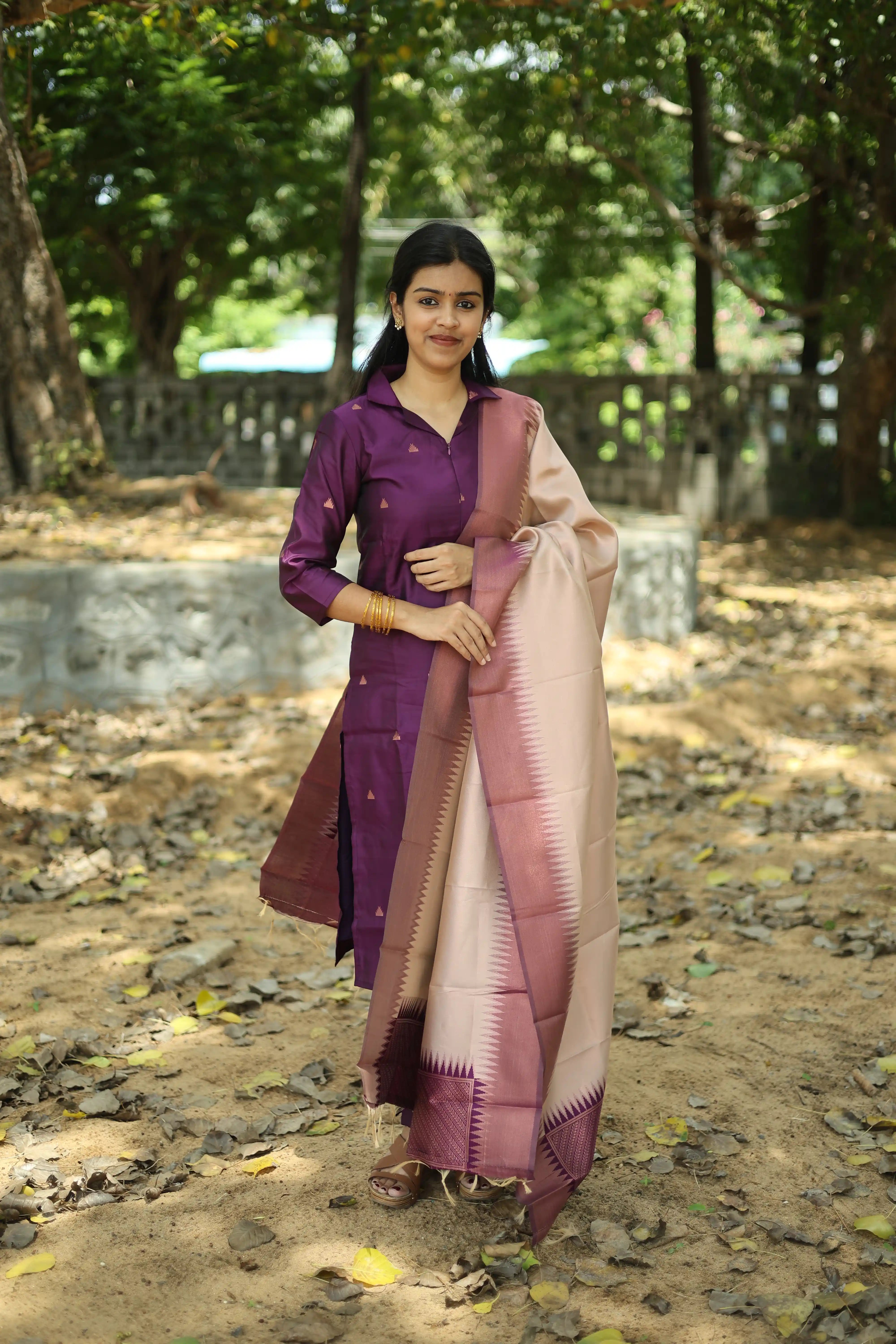 Vruksha Amethyst Bloom - purple vegan silk suit set with beige dupatta with temple border