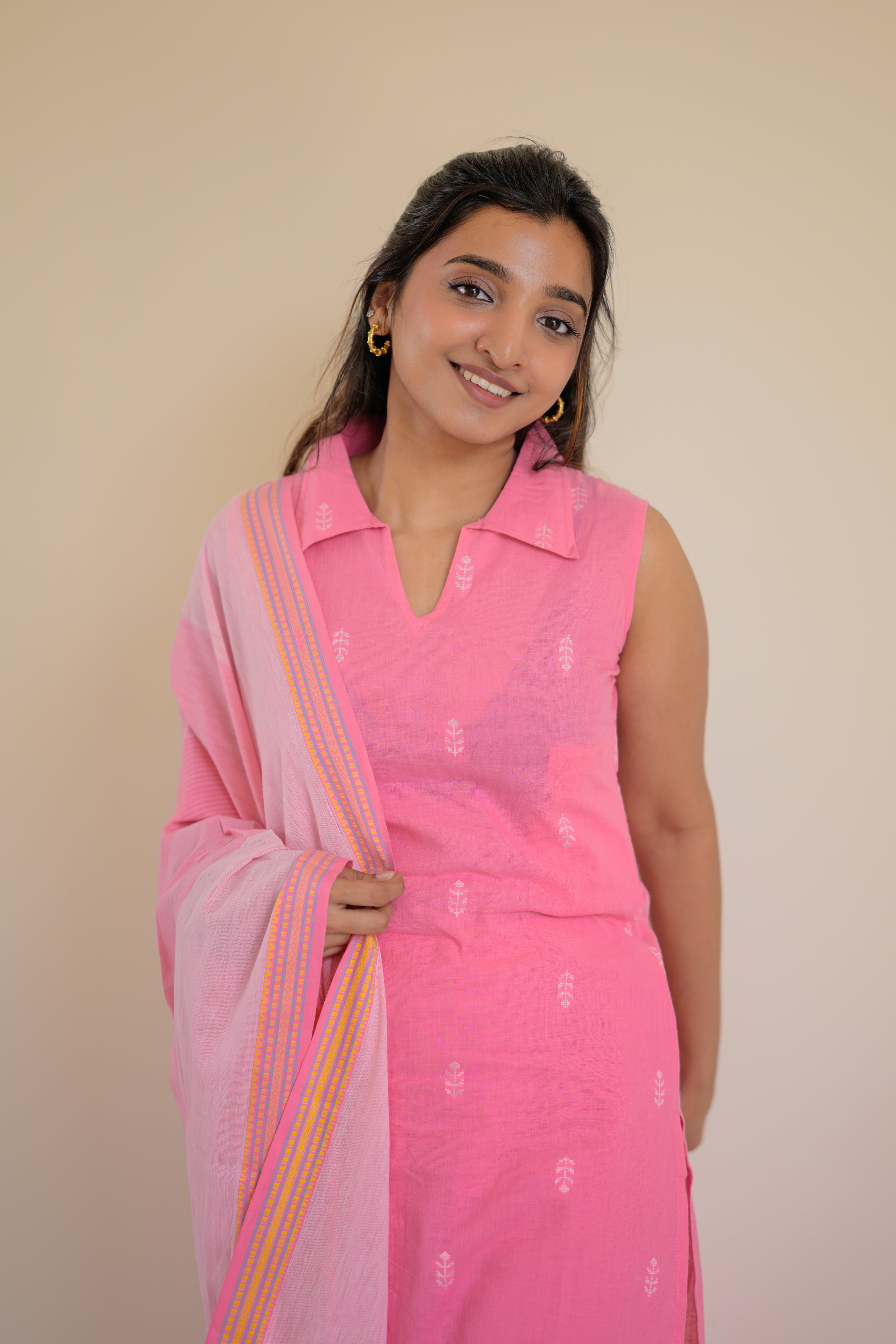 Padmashree ( baby pink)- handloom cotton suit set in baby pink