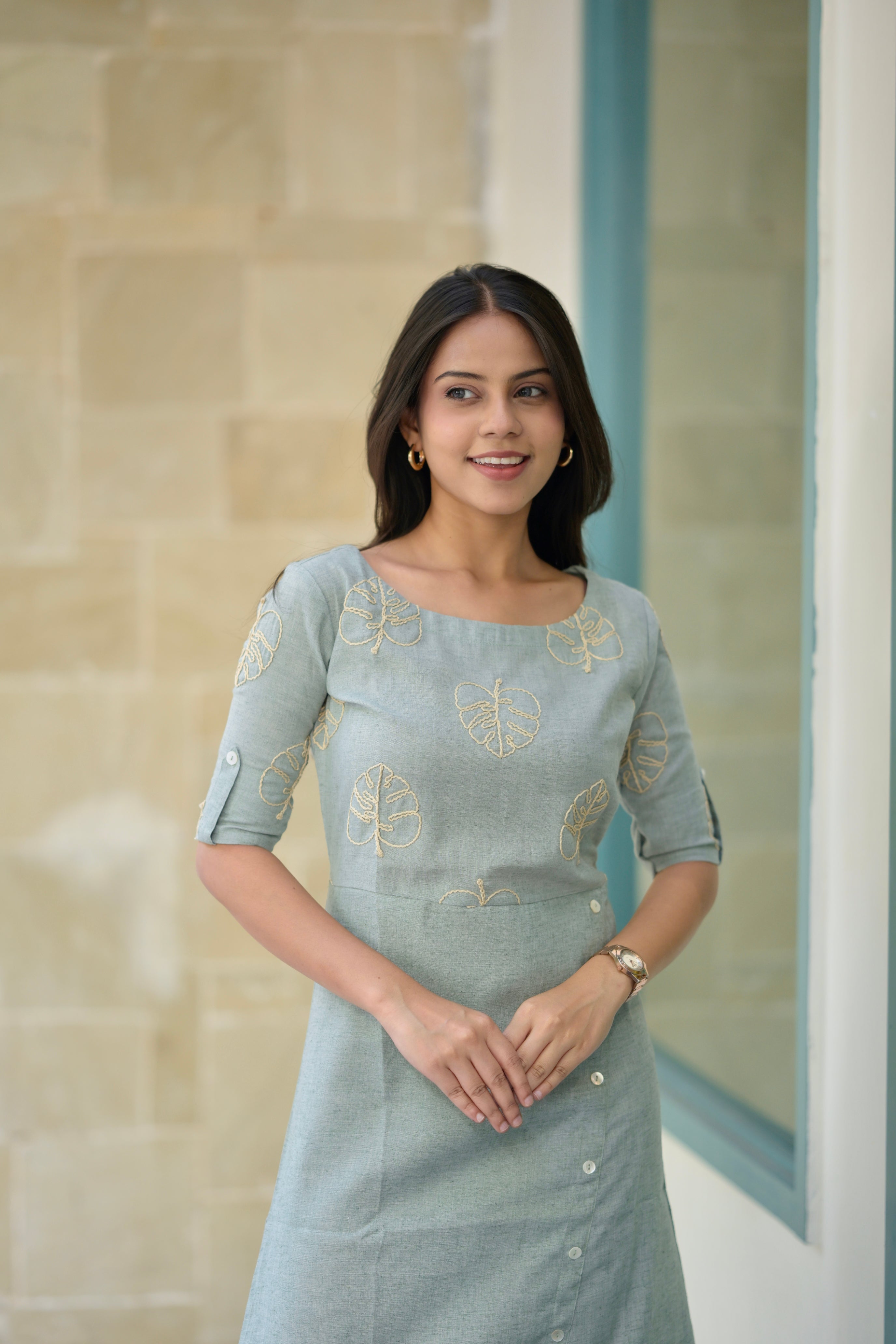 Women linen dress 3 - sage green colour linen cotton dress with embroidery