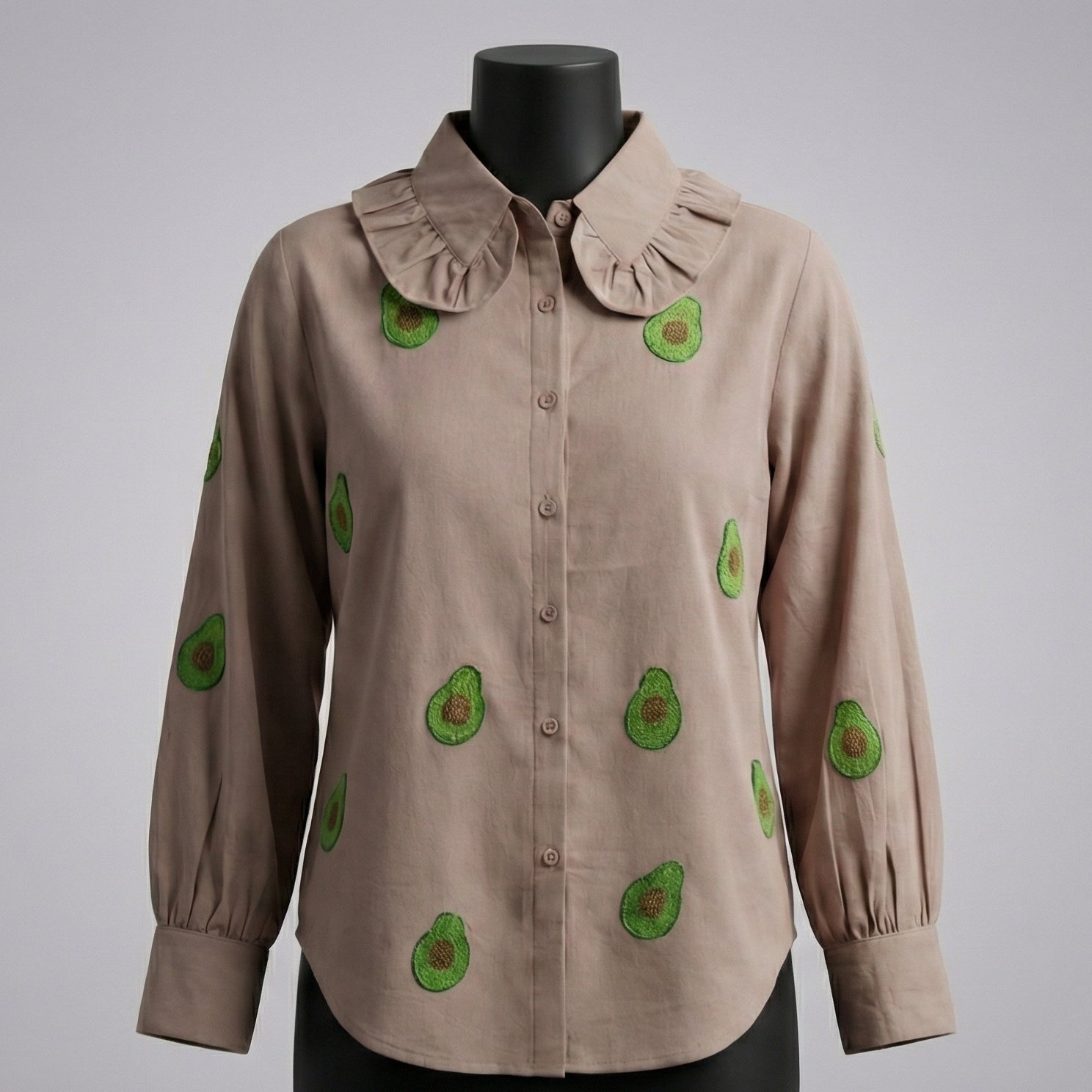 Embroidery shirt 8- Avacado hand embroidered organic cotton shirt in beige