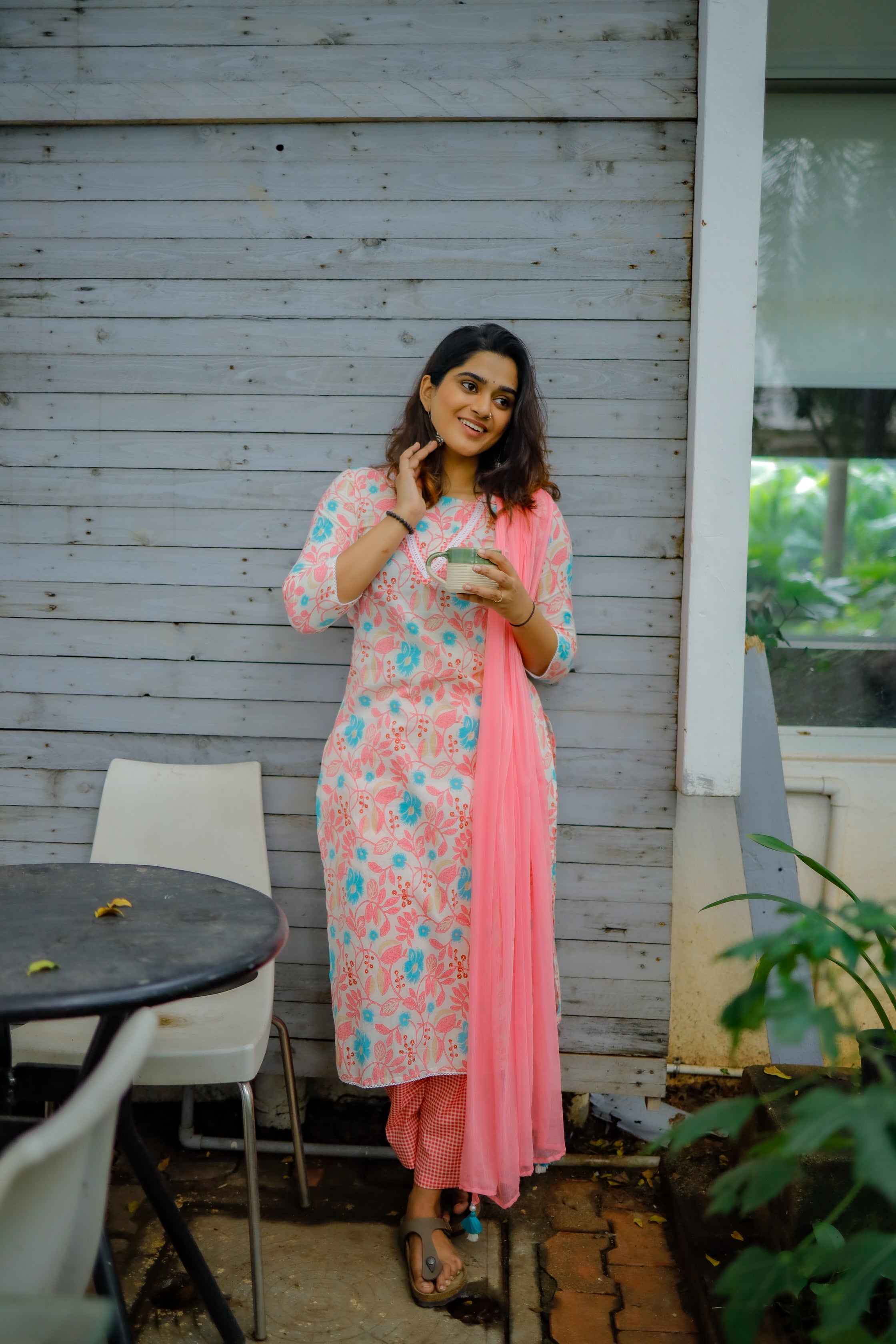 Parul - floral hand block printed cotton suit set in white & pink