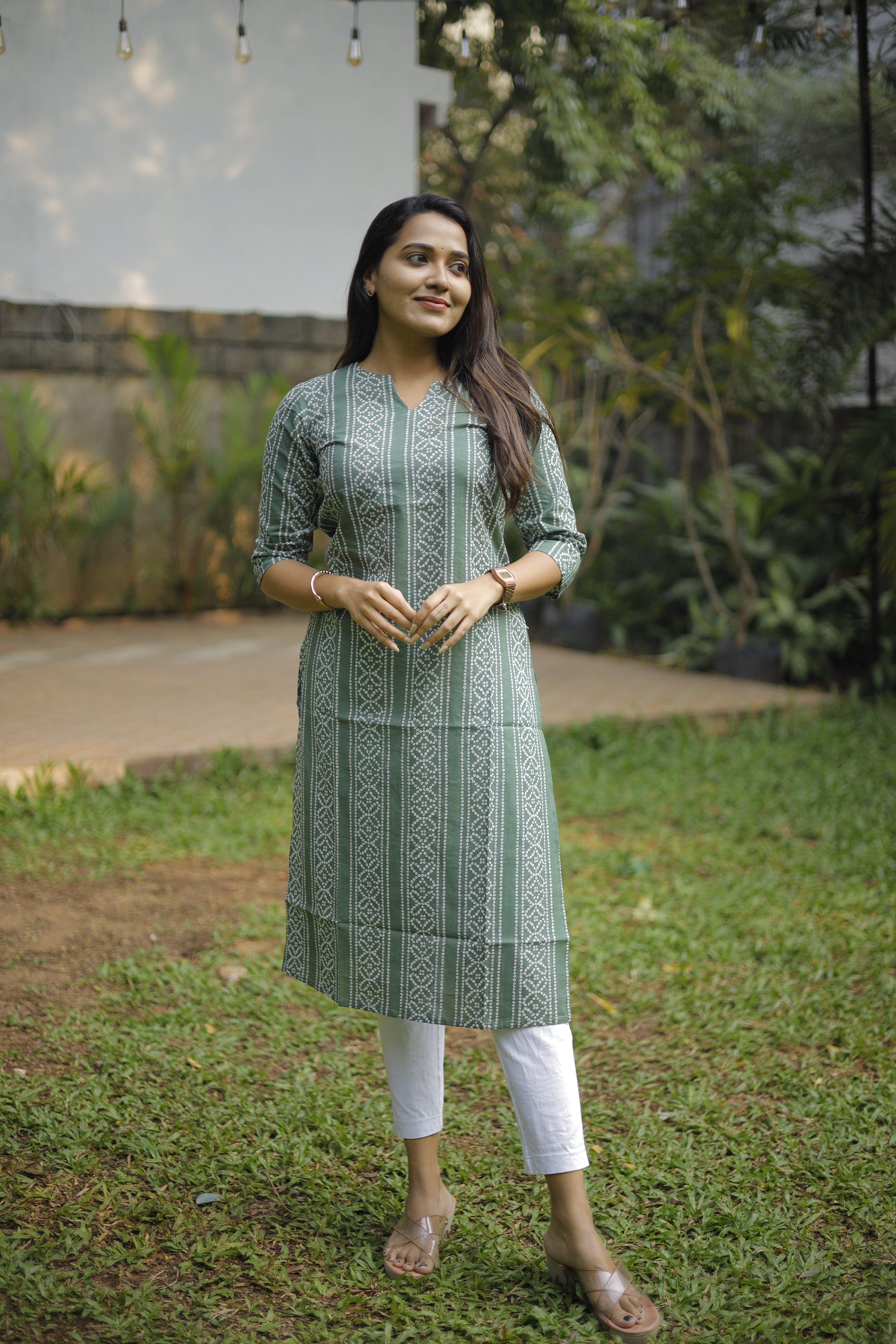 Kurti -127 - bandhani printed cotton kurti in green and white