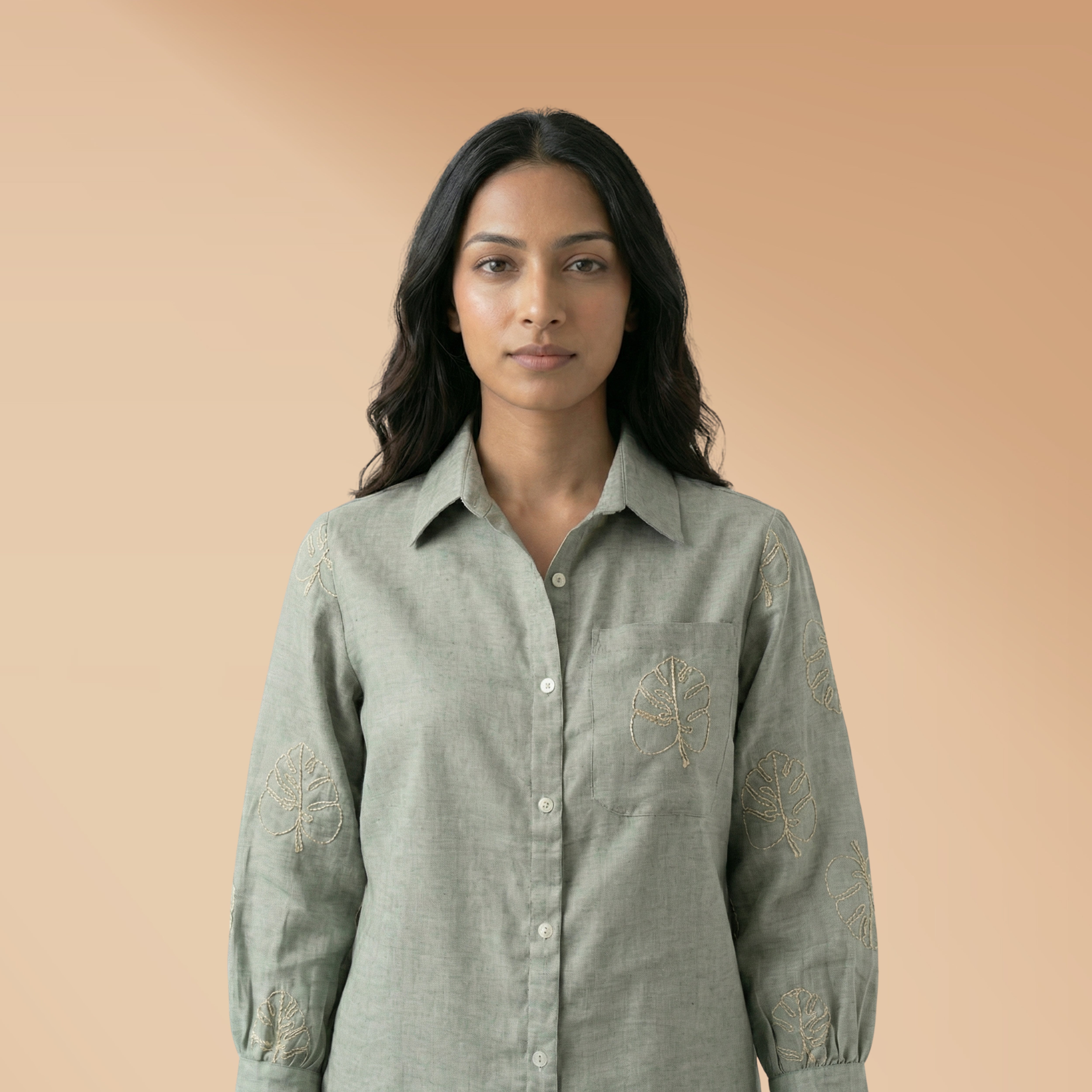 Women Linen shirt 1 - linen cotton shirt in mint green colour with hand embroidery